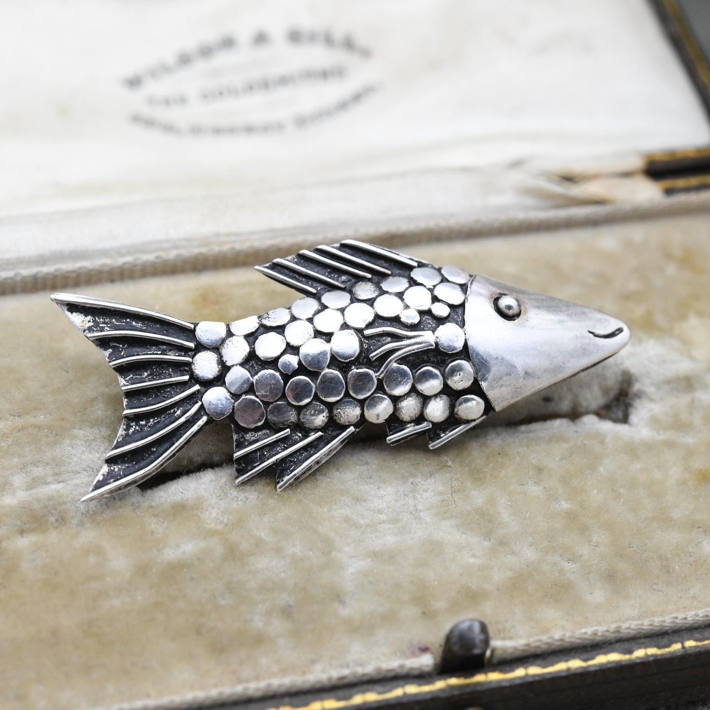 Vintage Mid-Century Sterling Silver Fish Brooch with Smiley Face and Textured Scales
