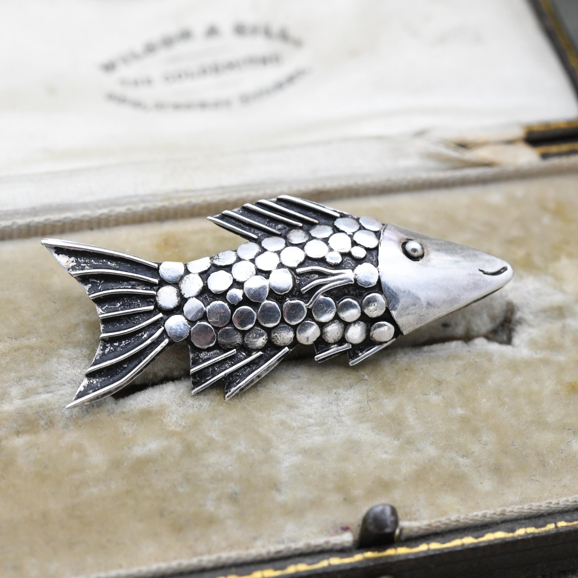 Vintage Mid-Century Sterling Silver Fish Brooch with Smiley Face and Textured Scales