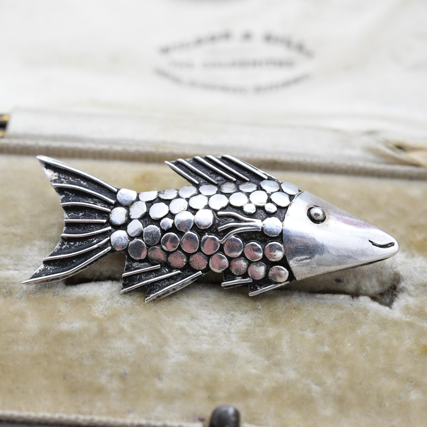 Vintage Mid-Century Sterling Silver Fish Brooch with Smiley Face and Textured Scales