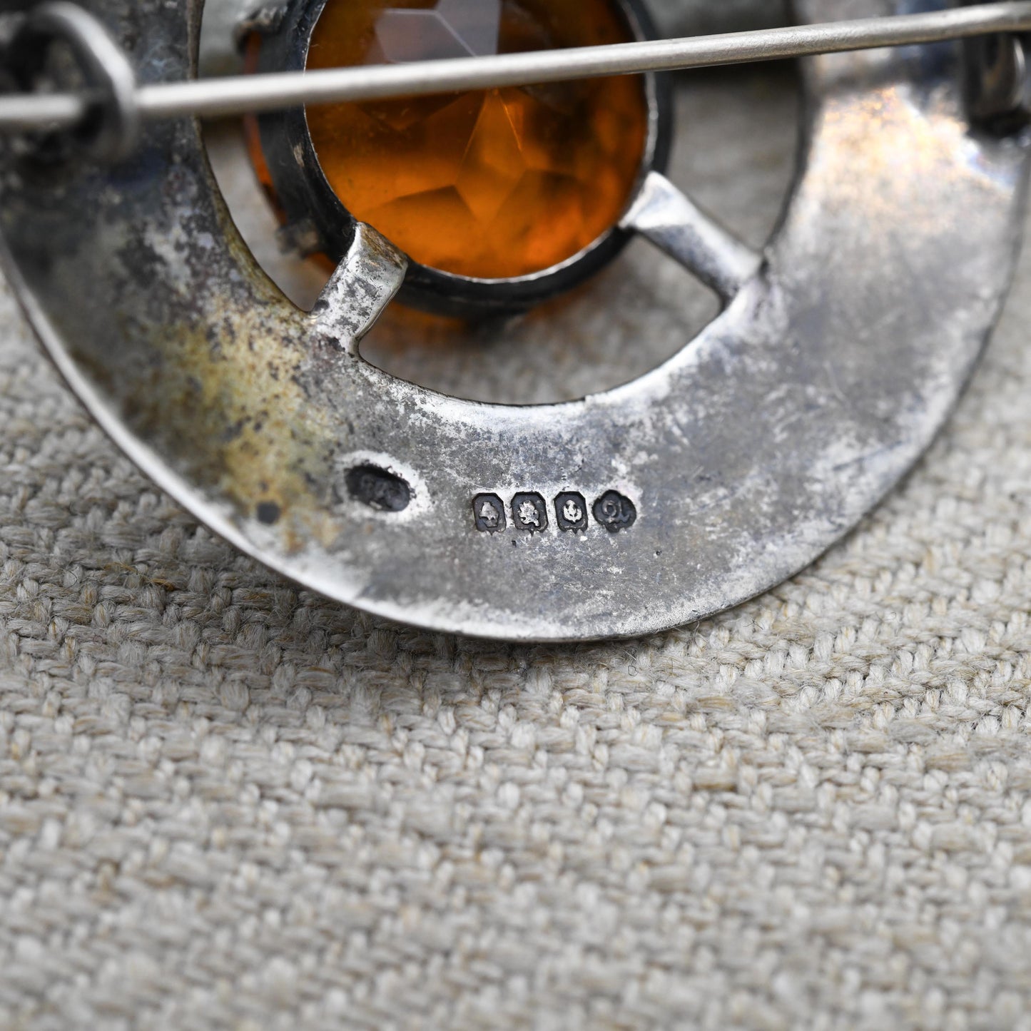 Vintage Scottish Sterling Silver Celtic Brooch with Orange Glass Stone 1949 Glasgow Hallmarks