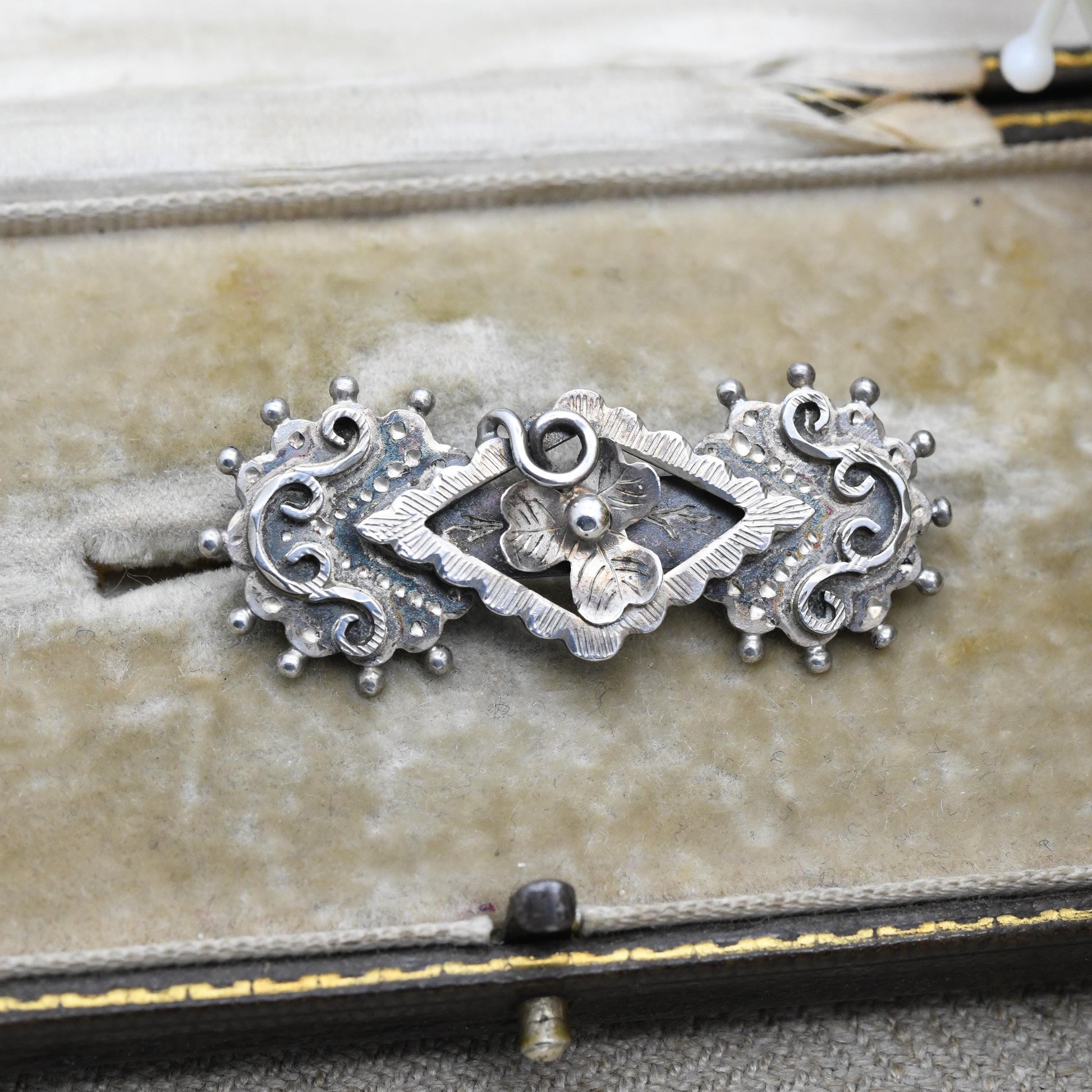 Antique Victorian Sterling Silver Floral Scrolling Openwork Bar Brooch 1898 - Floral Leaf Design
