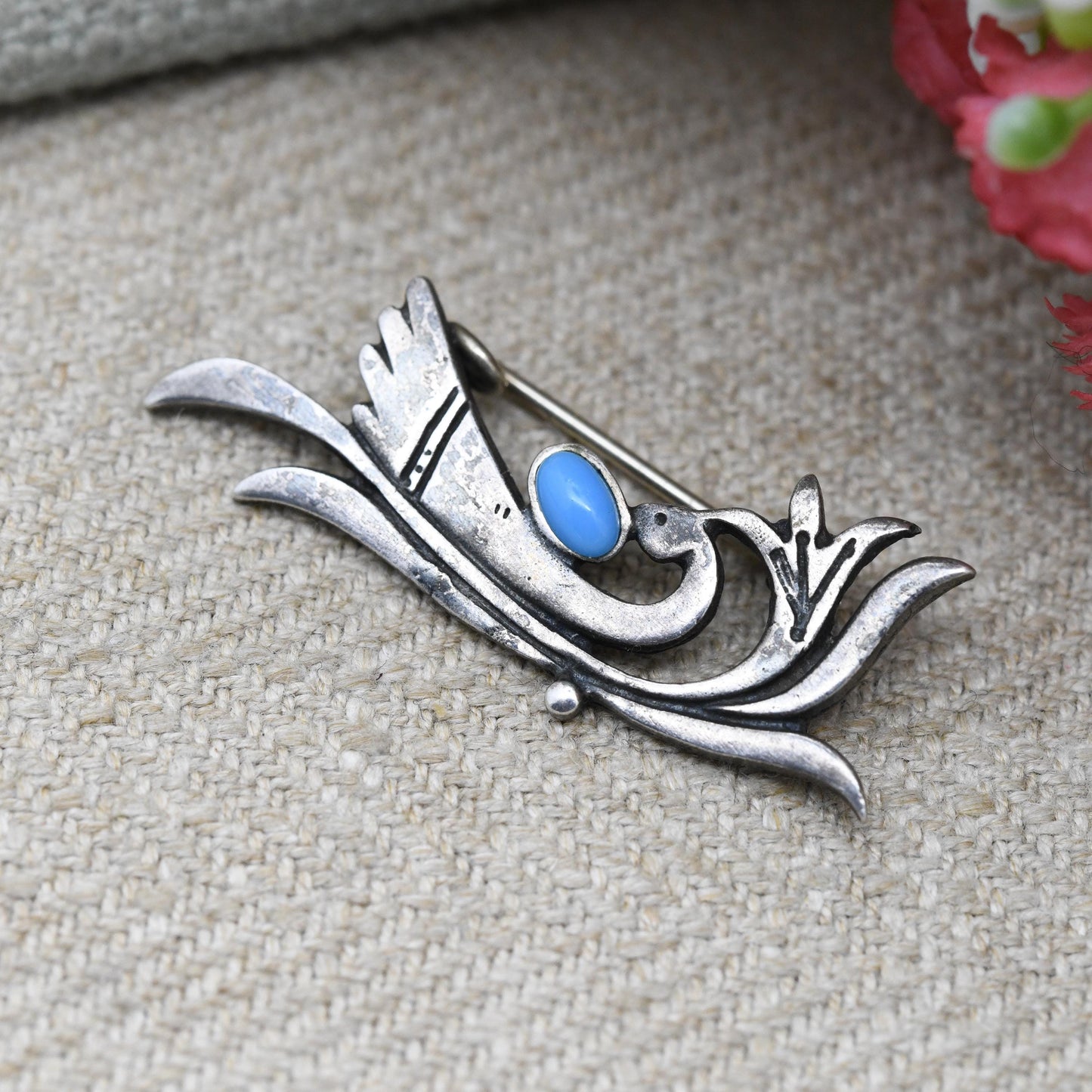 Vintage Silver Turquoise Bird Brooch with Figural Design