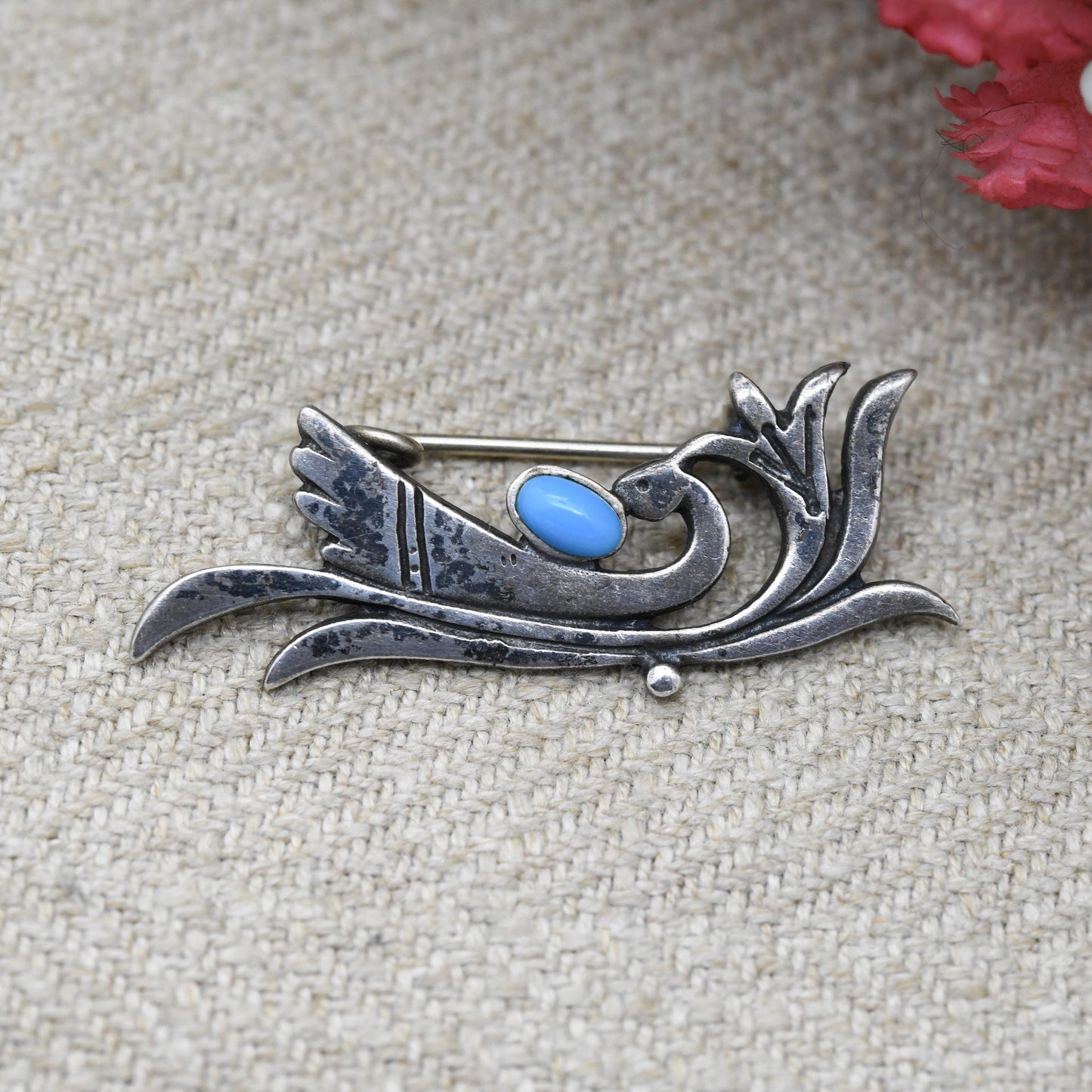 Vintage Silver Turquoise Bird Brooch with Figural Design