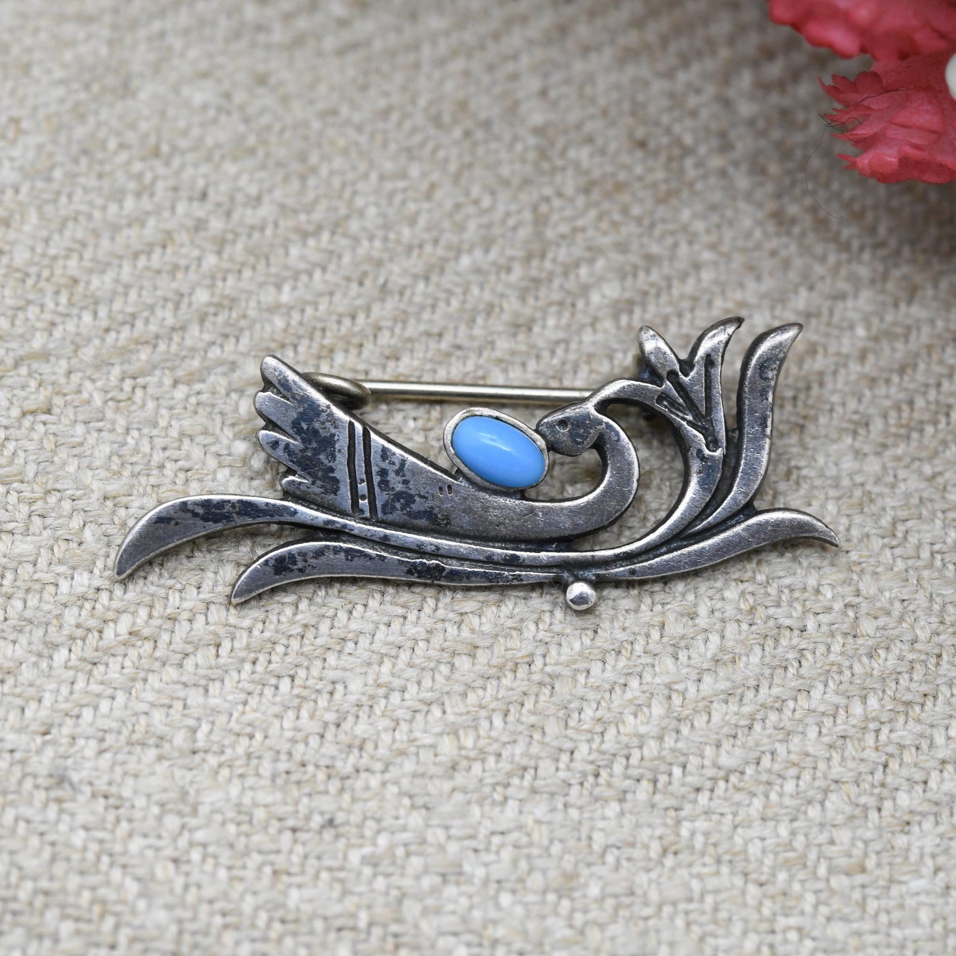 Vintage Silver Turquoise Bird Brooch with Figural Design