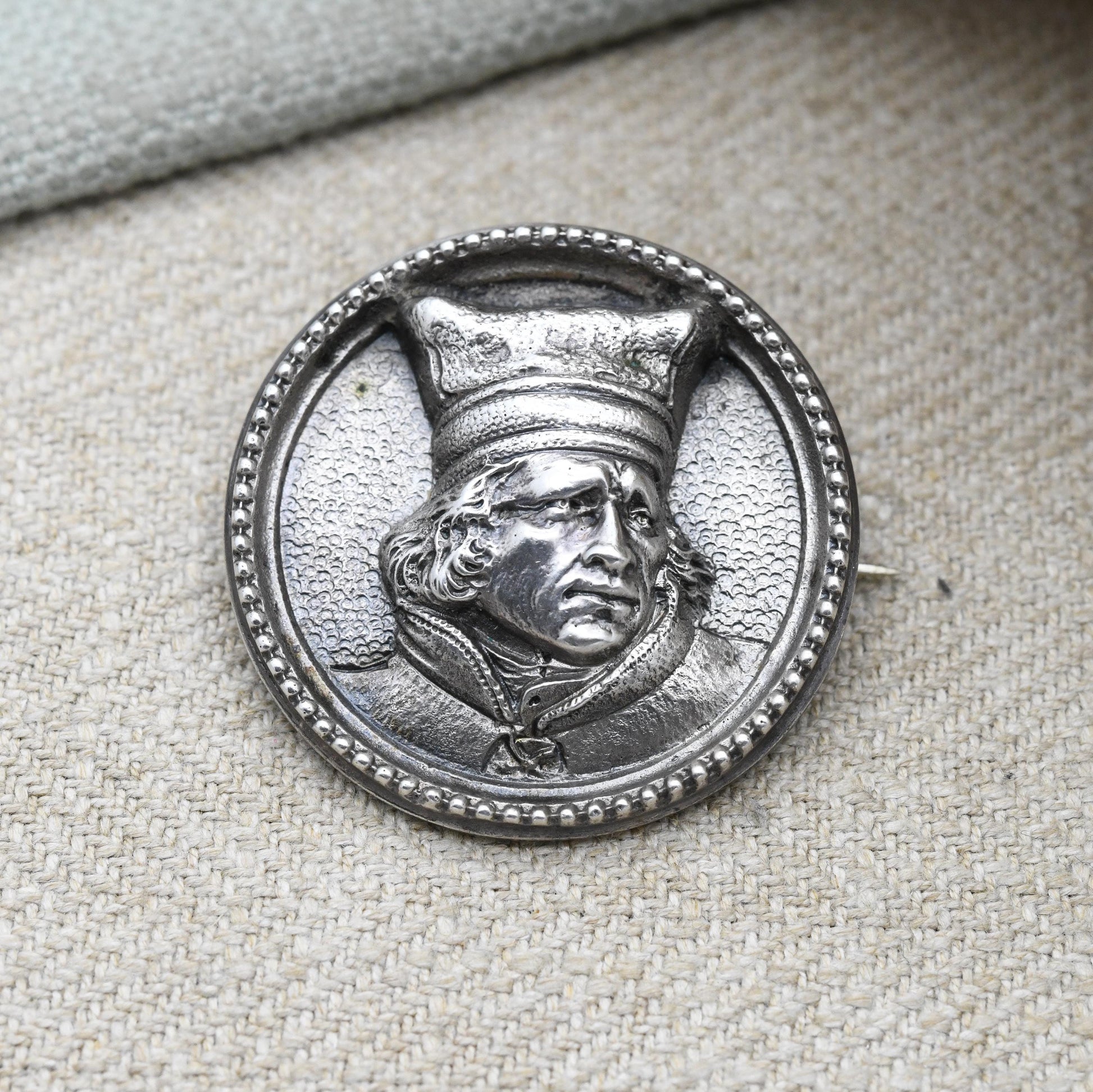 Vintage European Silver Medieval Man Brooch by H. Møller Trondhjem - Repoussé Portrait and Textured Detailing | Raised Relief Profile