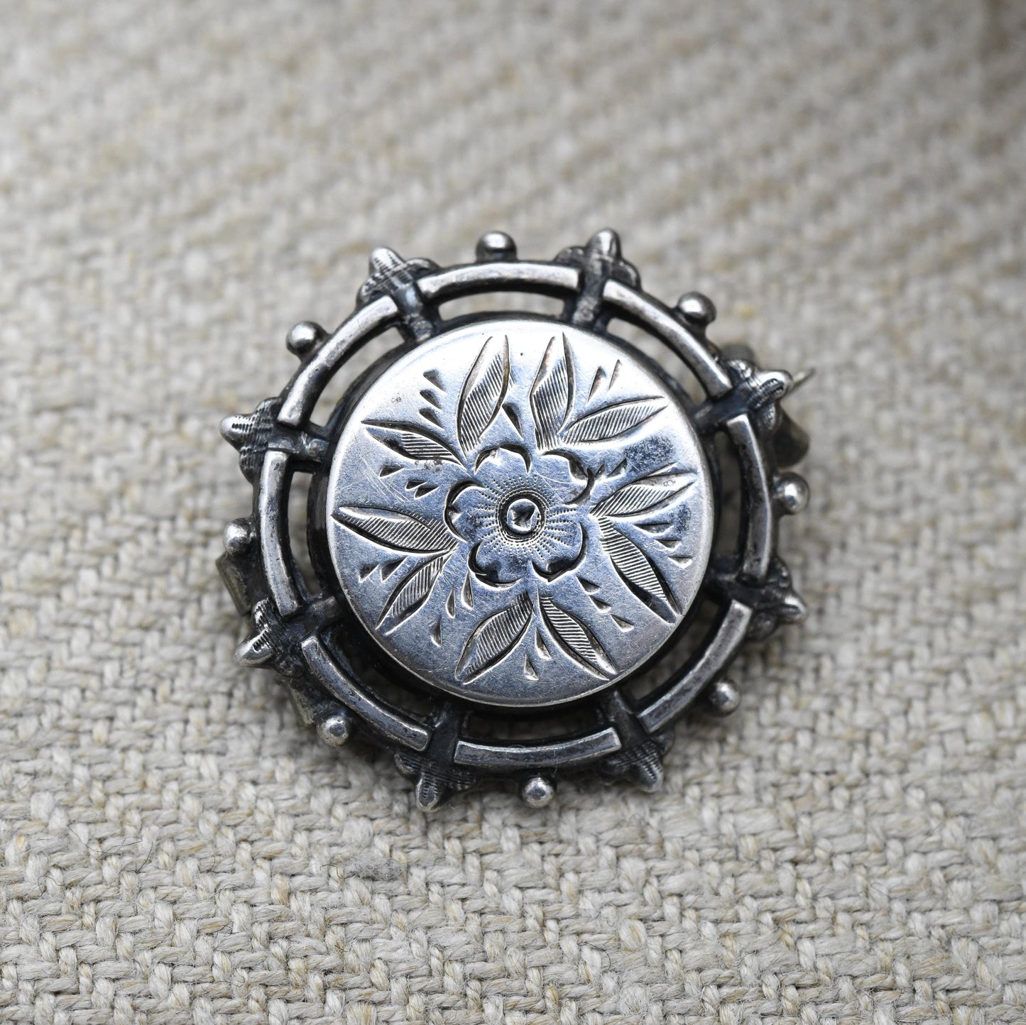 Antique Victorian Sterling Silver Brooch Aesthetic Movement - Small Leaf Flower Brooch | Hand Engraved