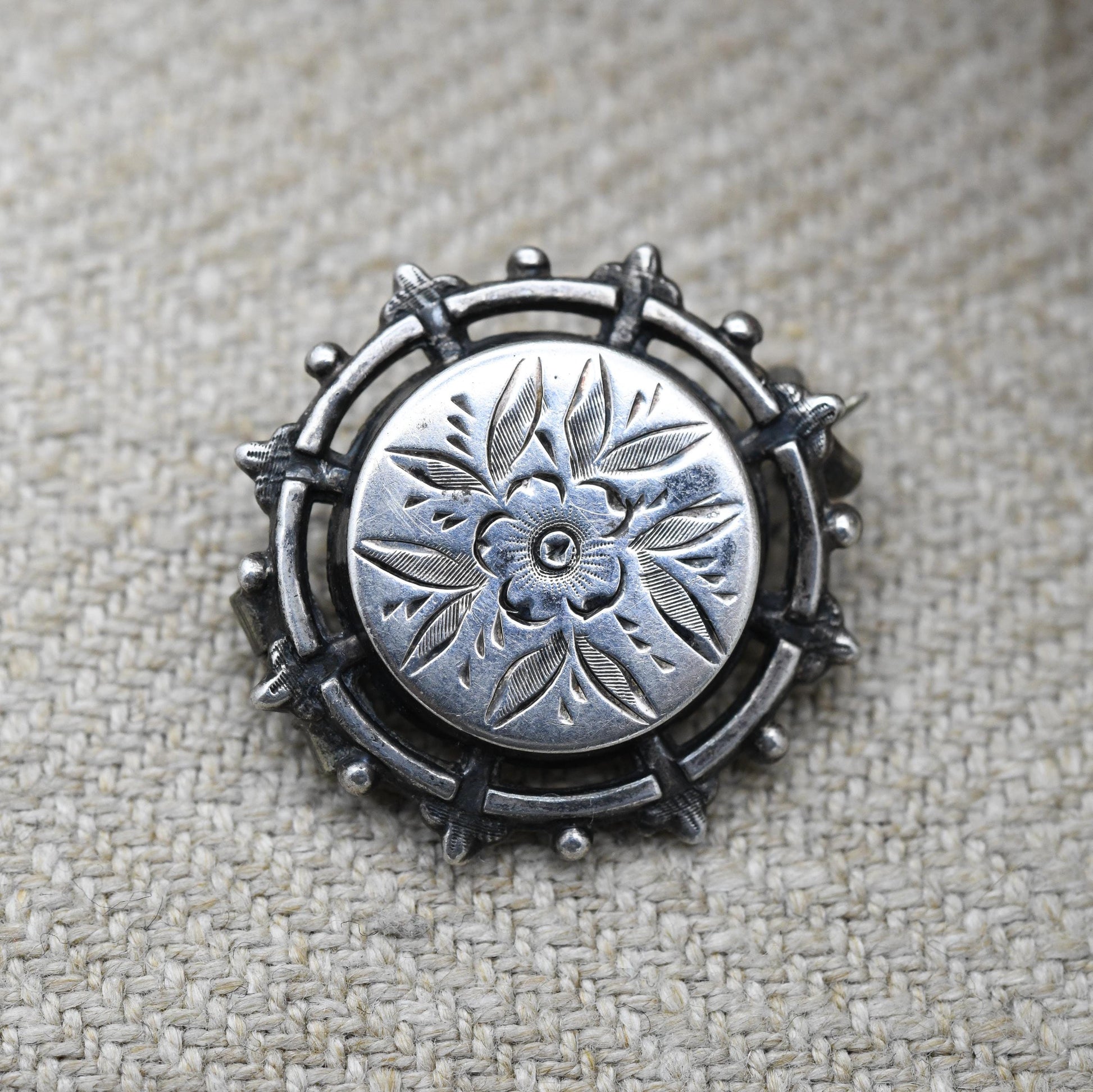 Antique Victorian Sterling Silver Brooch Aesthetic Movement - Small Leaf Flower Brooch | Hand Engraved