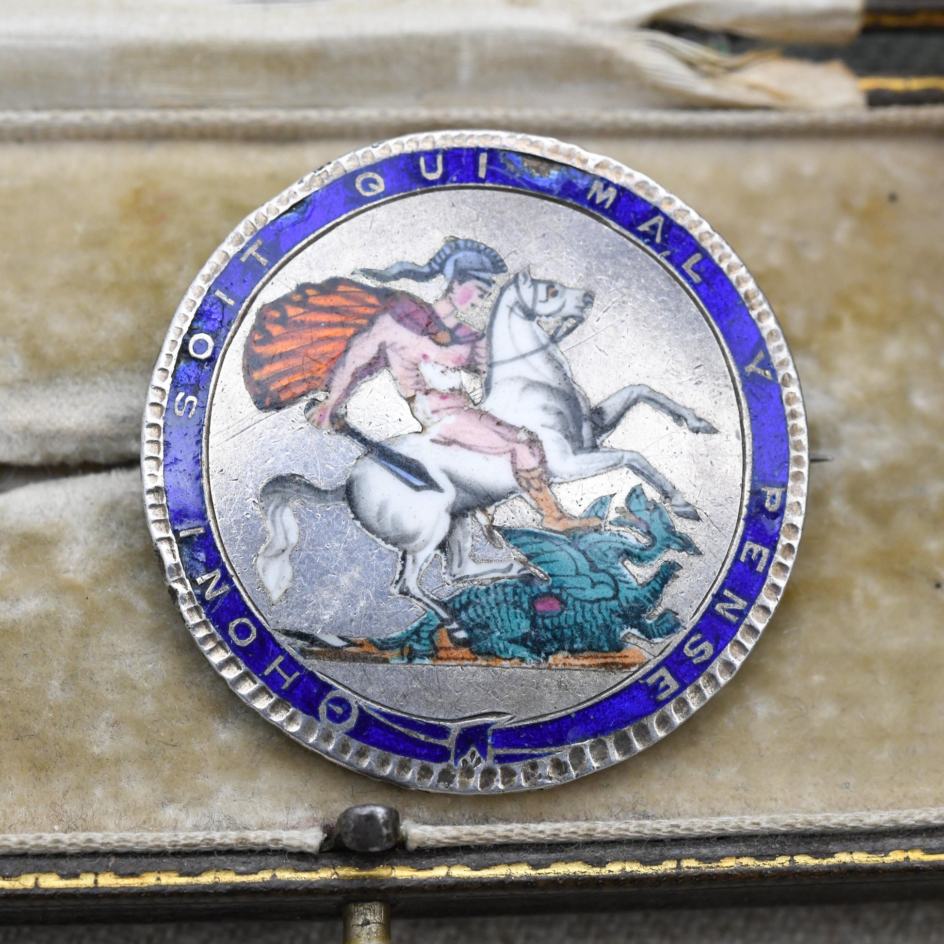 Antique Enamelled George III Crown Coin Brooch - Sterling Silver Enamel Coin Jewellery | George and the Dragon | Honi Soit Qui Mal Y Pense