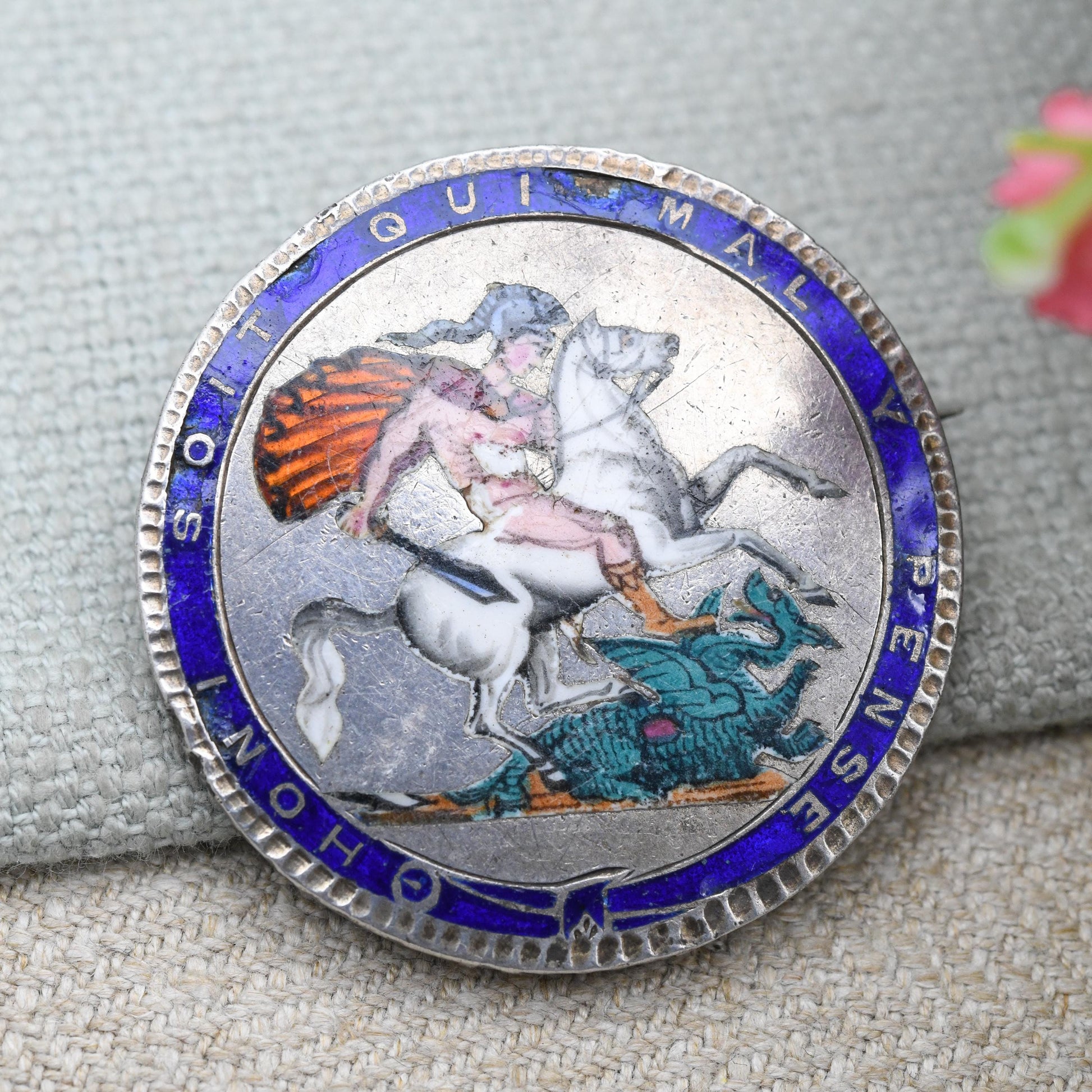 Antique Enamelled George III Crown Coin Brooch - Sterling Silver Enamel Coin Jewellery | George and the Dragon | Honi Soit Qui Mal Y Pense