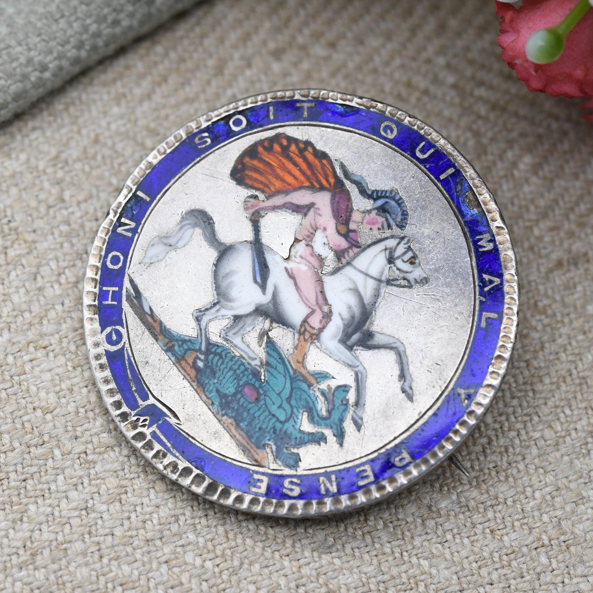 Antique Enamelled George III Crown Coin Brooch - Sterling Silver Enamel Coin Jewellery | George and the Dragon | Honi Soit Qui Mal Y Pense