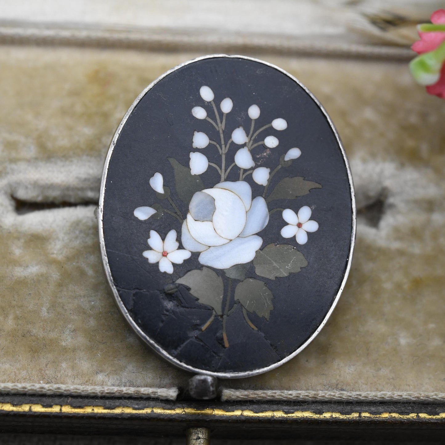 Antique Victorian Pietra Dura Floral Brooch c. 1890s - Gemstone Inlay in Hardstone