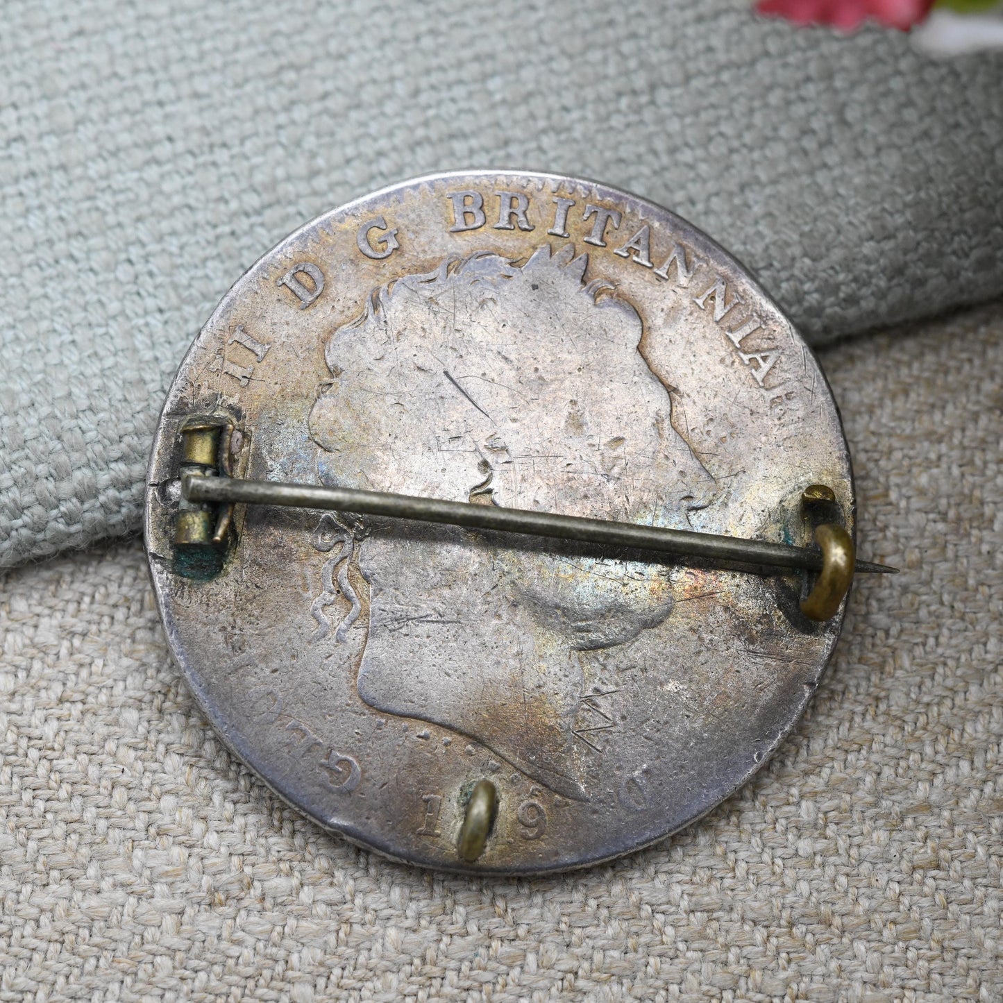 Antique Enamelled George III Crown Coin Brooch - Sterling Silver Enamel Coin Jewellery | George and the Dragon | Honi Soit Qui Mal Y Pense