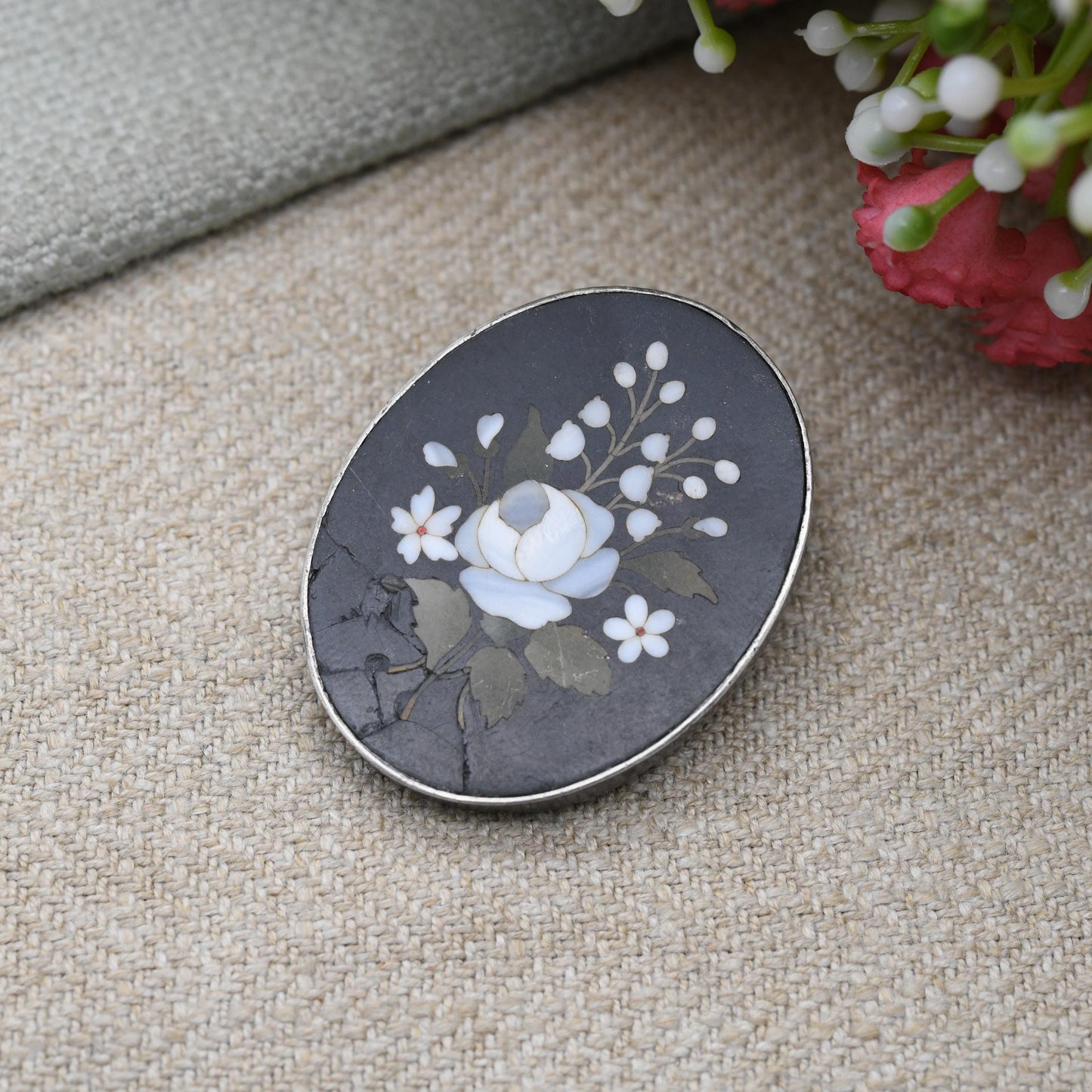 Antique Victorian Pietra Dura Floral Brooch c. 1890s - Gemstone Inlay in Hardstone