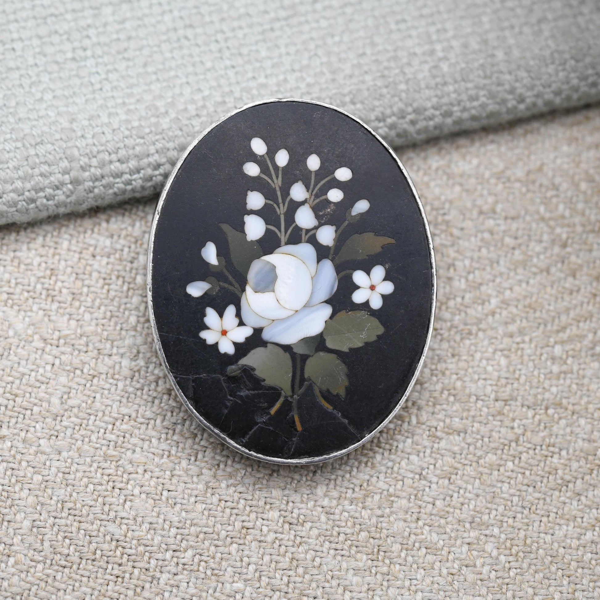 Antique Victorian Pietra Dura Floral Brooch c. 1890s - Gemstone Inlay in Hardstone