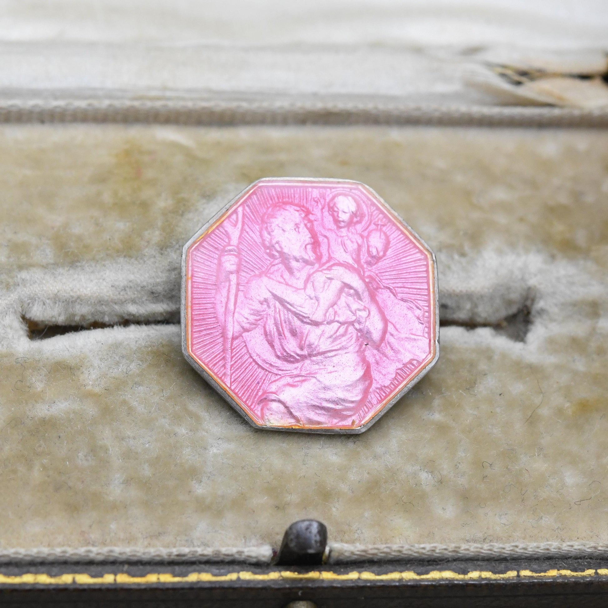 Vintage Sterling Silver Pink Enamel St Christopher Brooch - Saint of Travel | Religious Statement | Gift for Baptism Christening