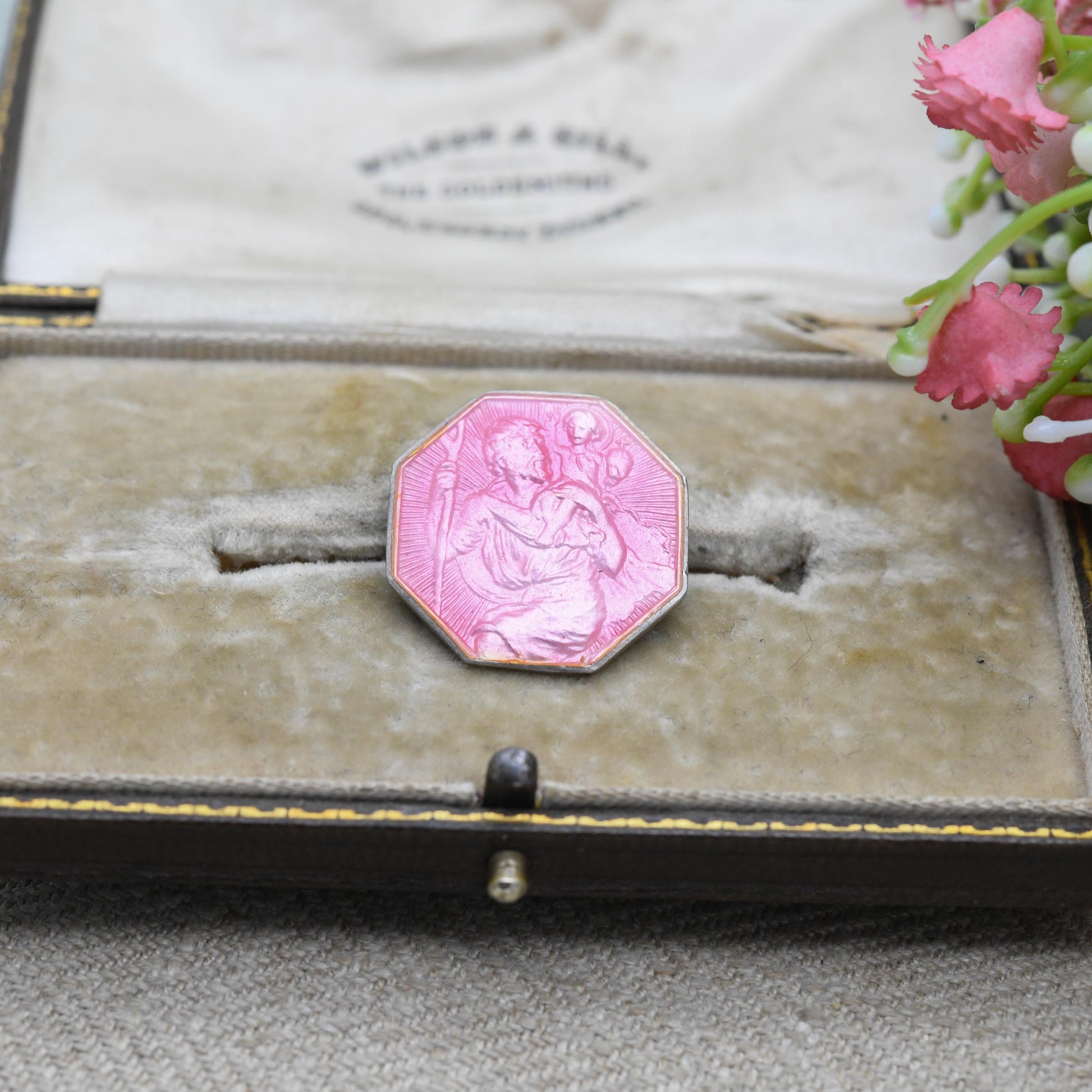 Vintage Sterling Silver Pink Enamel St Christopher Brooch - Saint of Travel | Religious Statement | Gift for Baptism Christening