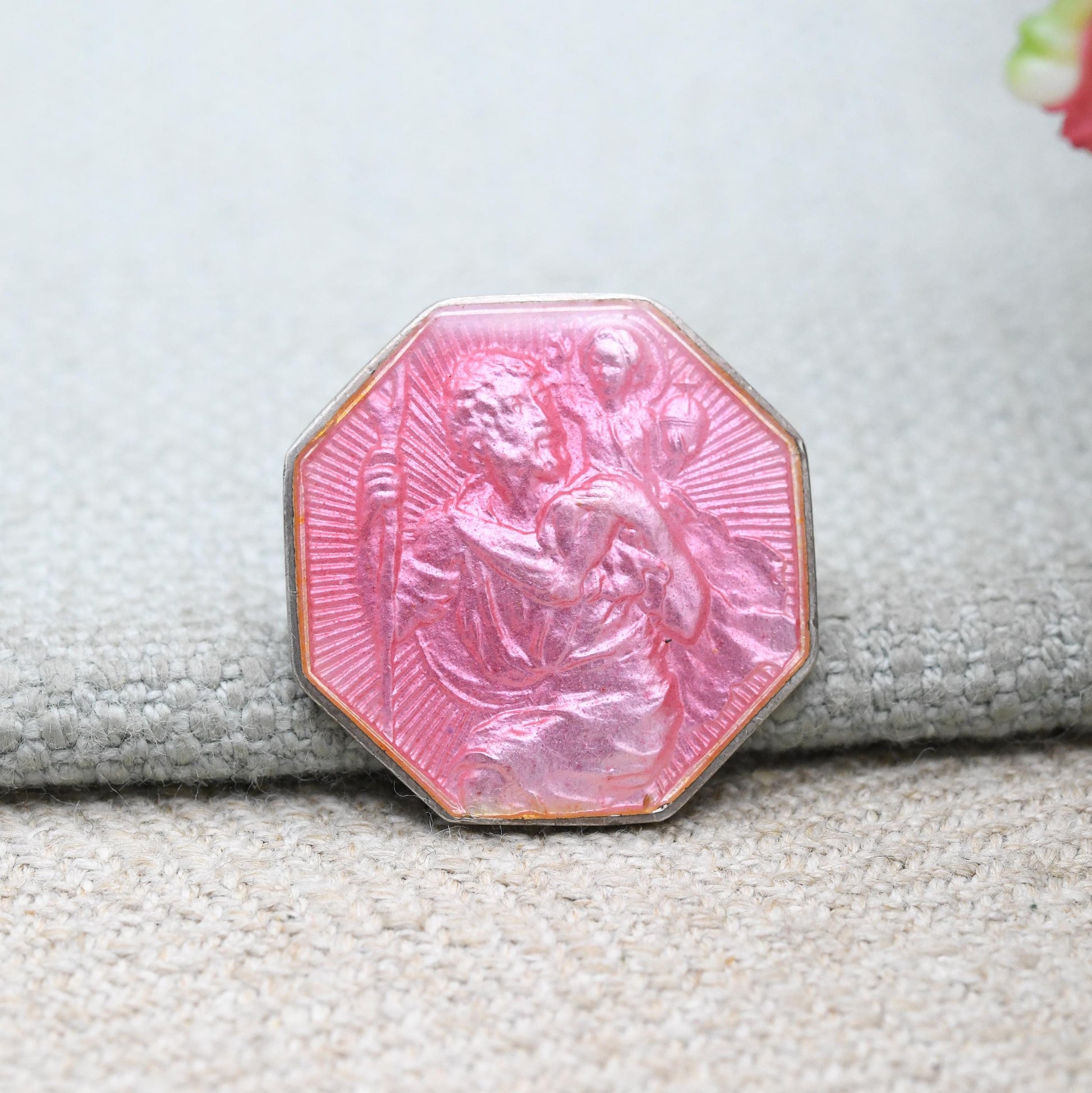 Vintage Sterling Silver Pink Enamel St Christopher Brooch - Saint of Travel | Religious Statement | Gift for Baptism Christening