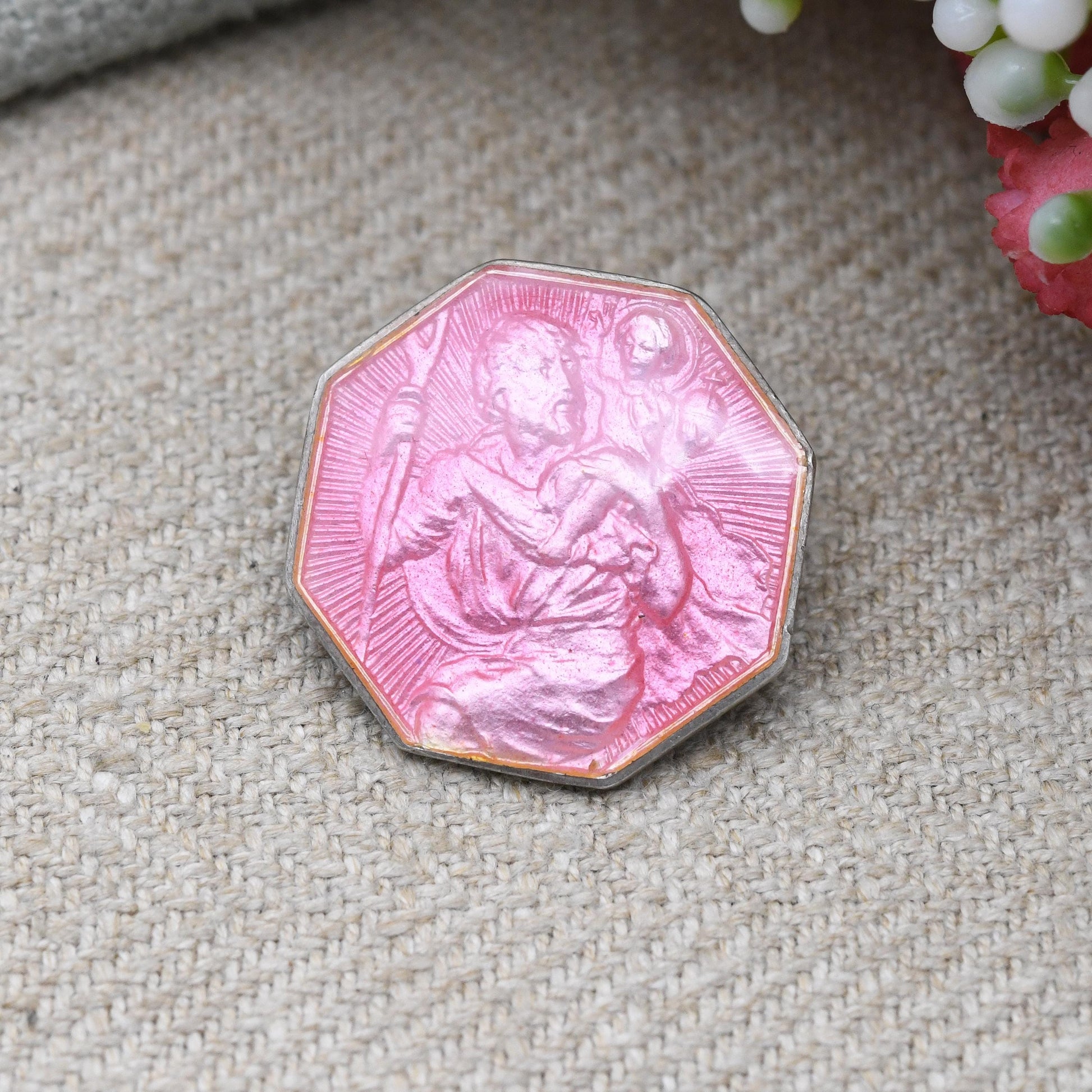 Vintage Sterling Silver Pink Enamel St Christopher Brooch - Saint of Travel | Religious Statement | Gift for Baptism Christening