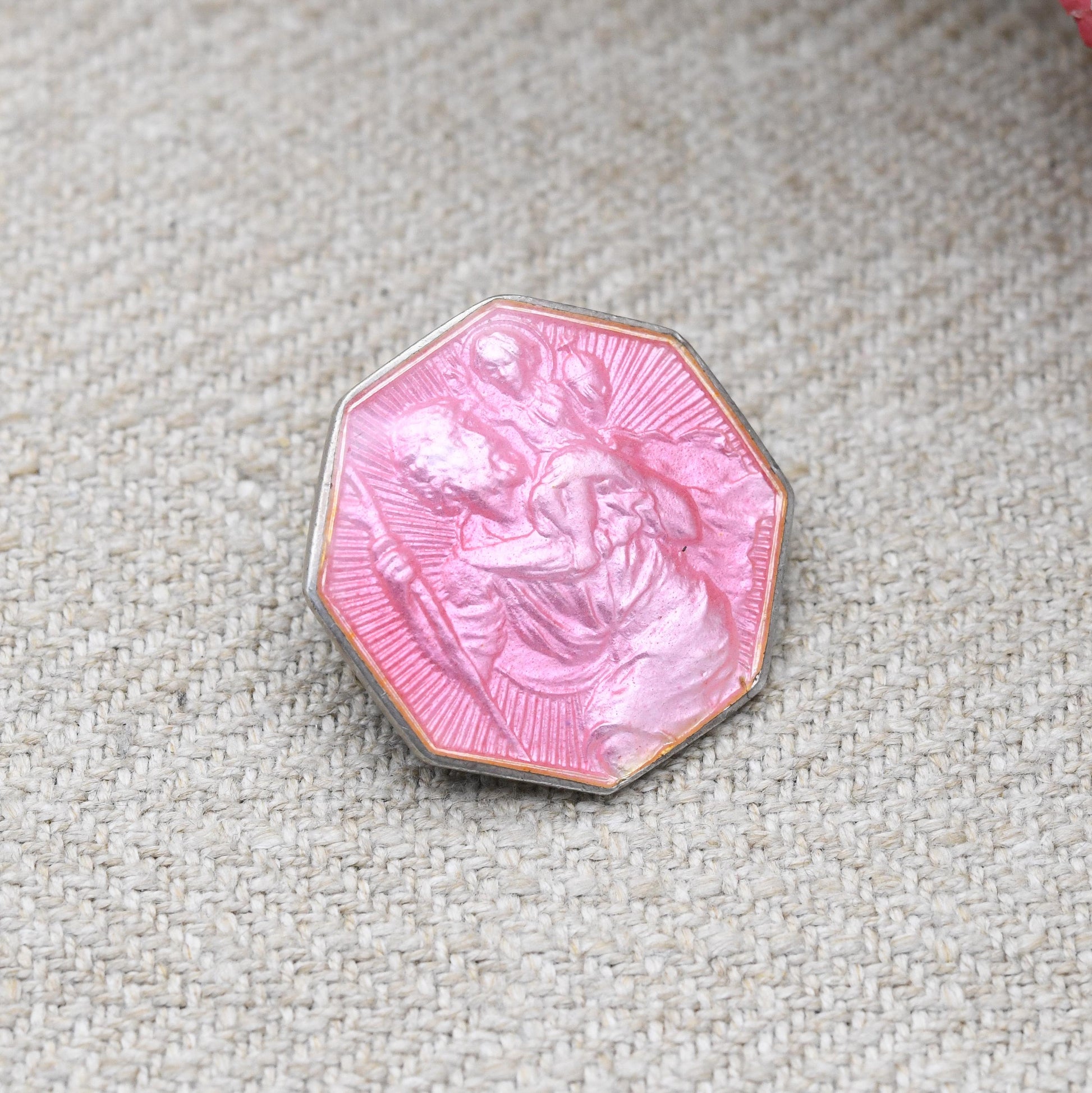 Vintage Sterling Silver Pink Enamel St Christopher Brooch - Saint of Travel | Religious Statement | Gift for Baptism Christening