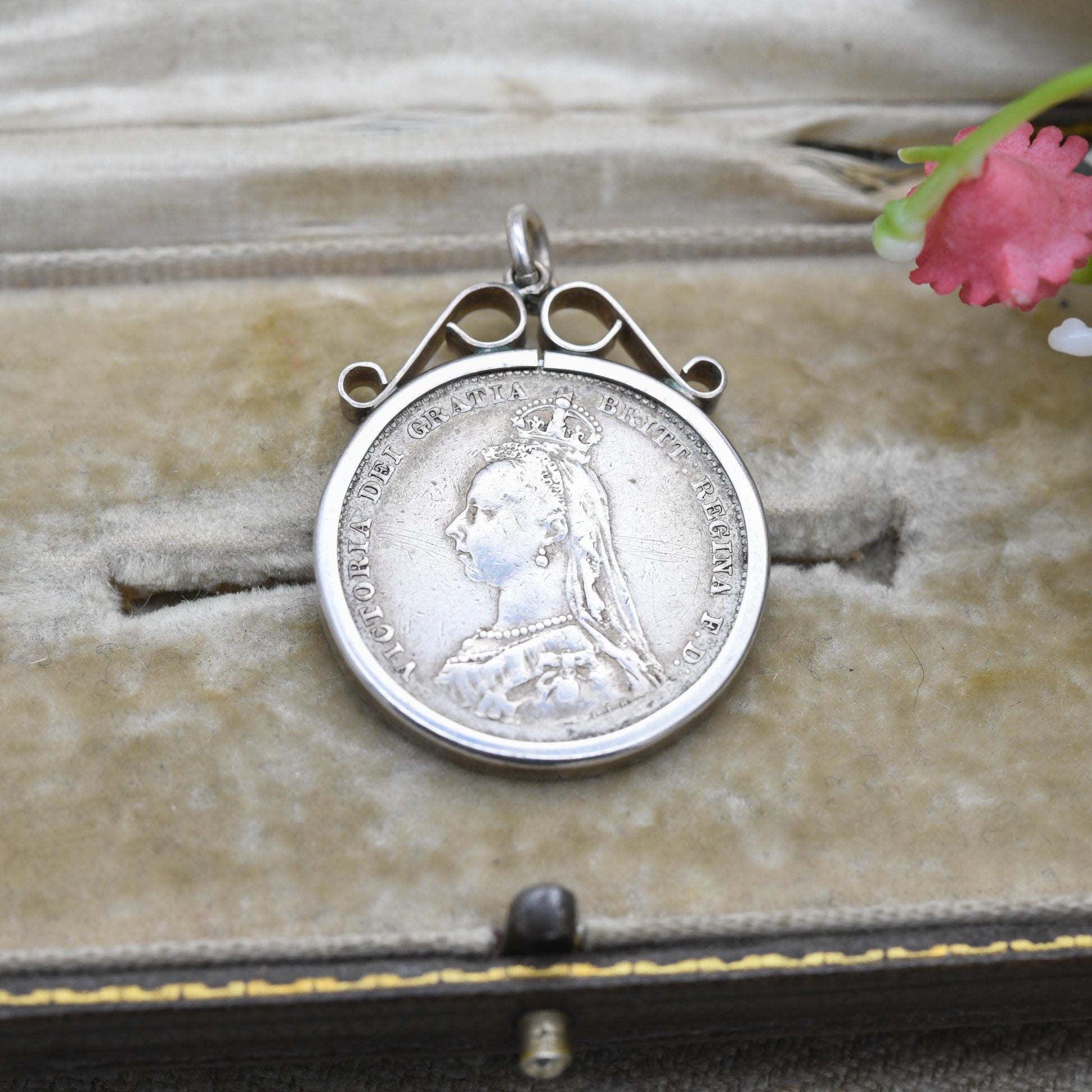 Antique 1887 Victoria Shilling Coin Charm Pendant - Openwork Scrolling Mount | Collectable Pendant