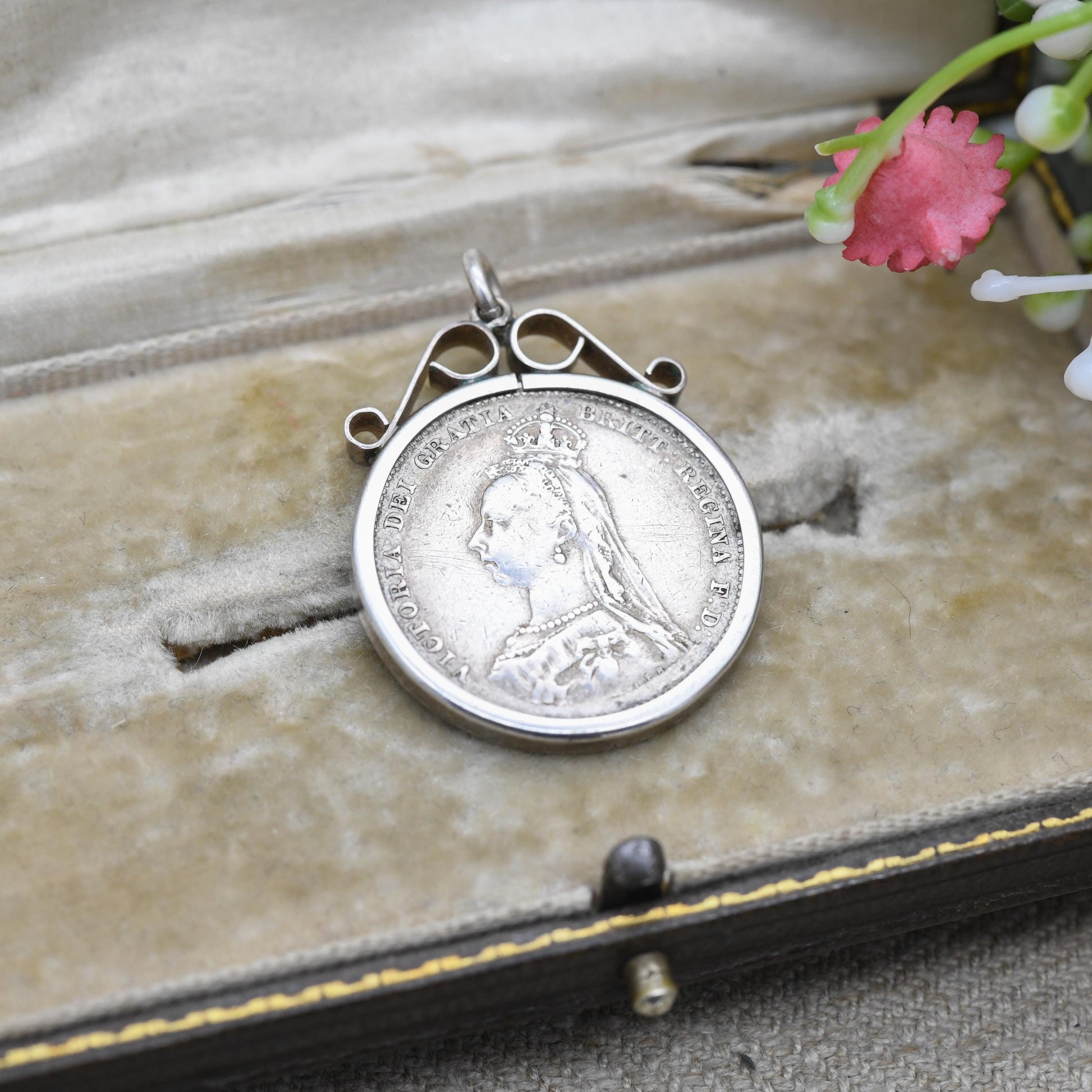 Antique 1887 Victoria Shilling Coin Charm Pendant - Openwork Scrolling Mount | Collectable Pendant