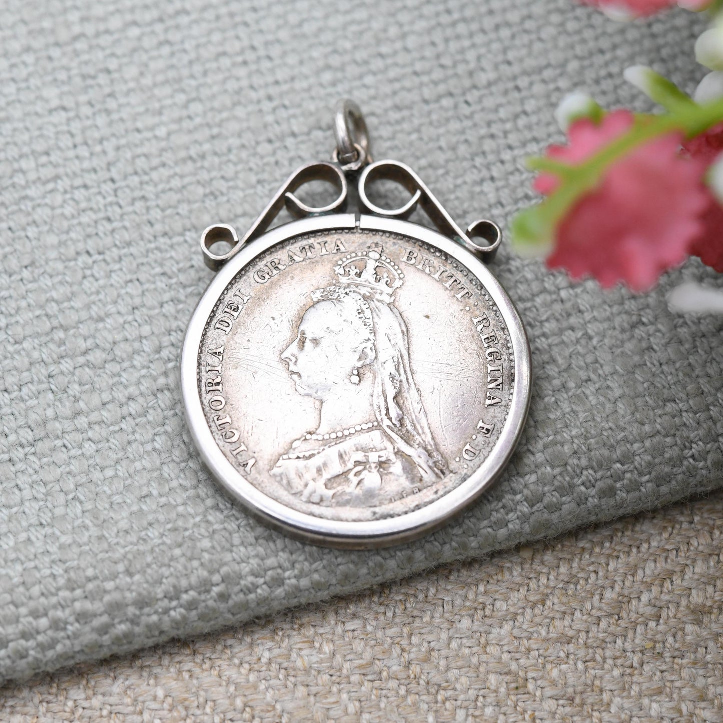 Antique 1887 Victoria Shilling Coin Charm Pendant - Openwork Scrolling Mount | Collectable Pendant