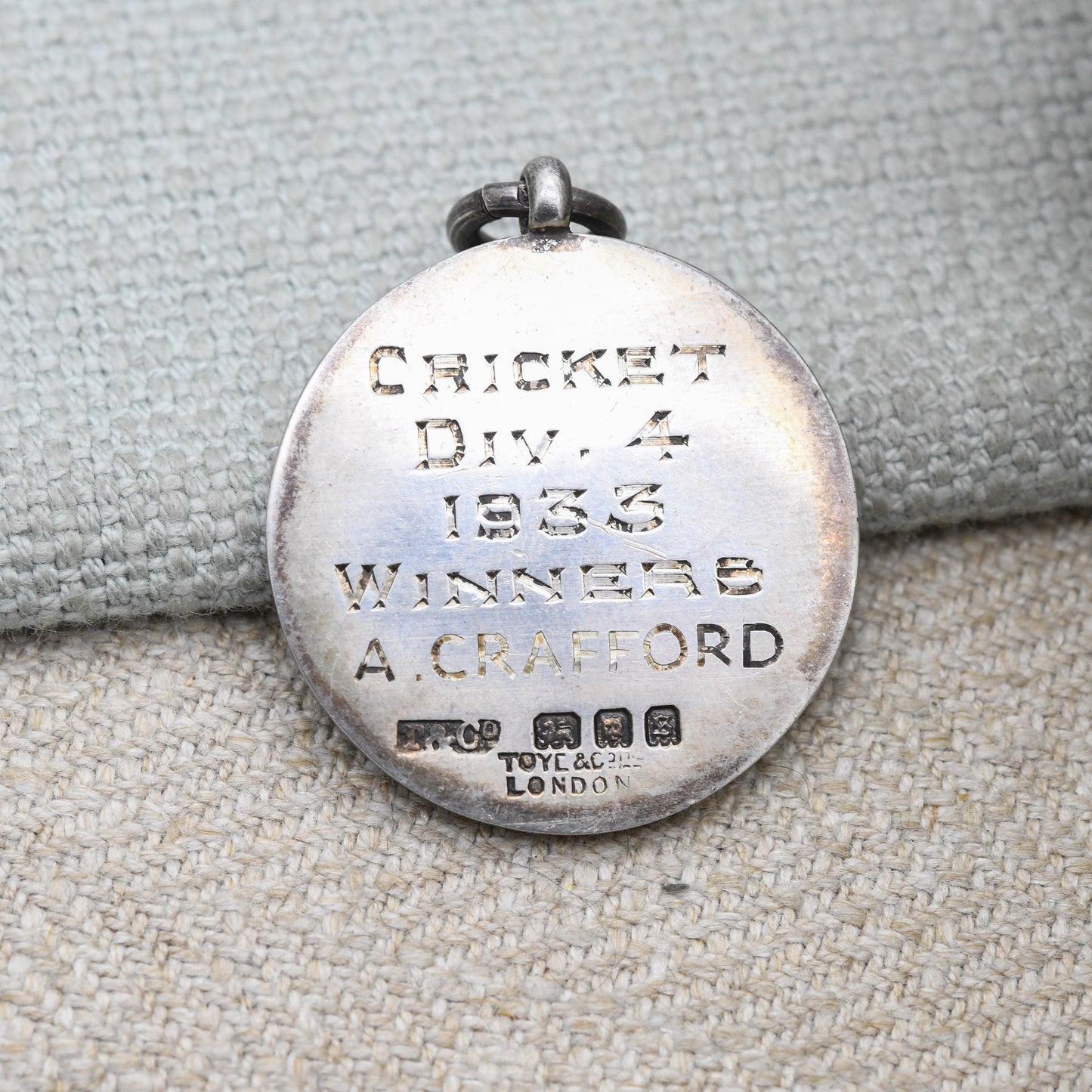 Vintage Sterling Silver Enamel Watch Fob Pendant with Shield Crest 1933 by Toye & Co - London Business Houses Cricket Winners