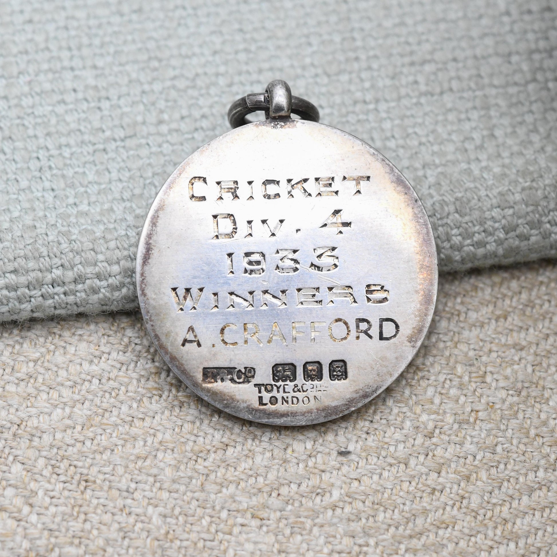 Vintage Sterling Silver Enamel Watch Fob Pendant with Shield Crest 1933 by Toye & Co - London Business Houses Cricket Winners