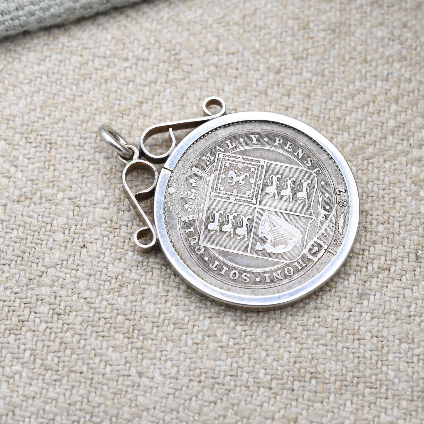 Antique 1887 Victoria Shilling Coin Charm Pendant - Openwork Scrolling Mount | Collectable Pendant
