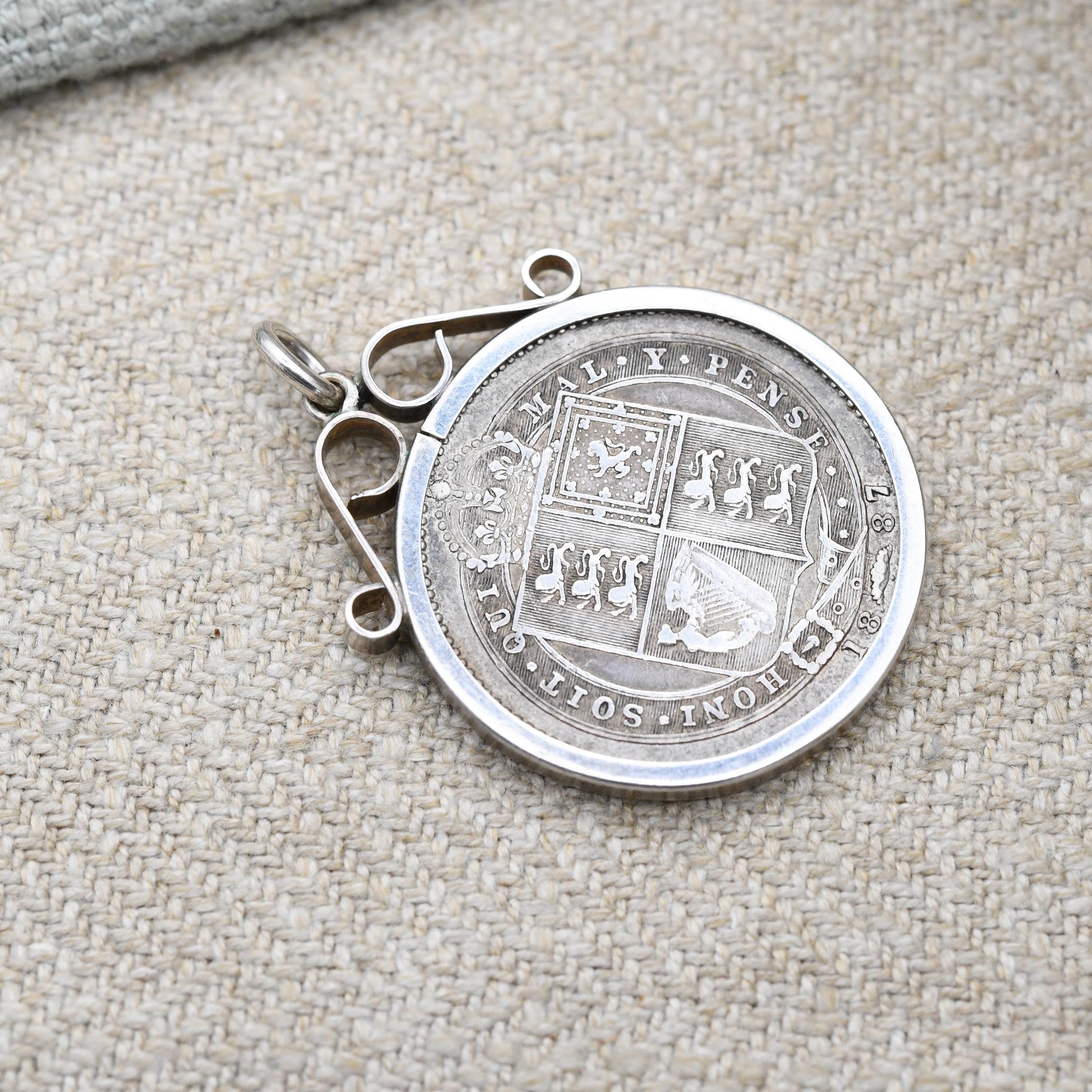 Antique 1887 Victoria Shilling Coin Charm Pendant - Openwork Scrolling Mount | Collectable Pendant