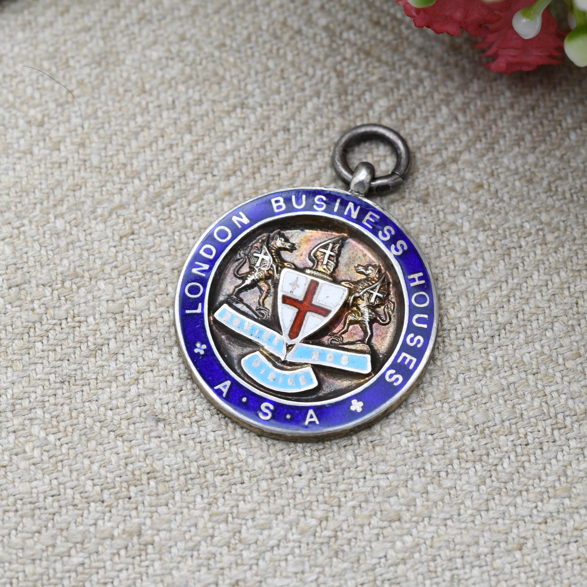 Vintage Sterling Silver Enamel Watch Fob Pendant with Shield Crest 1933 by Toye & Co - London Business Houses Cricket Winners