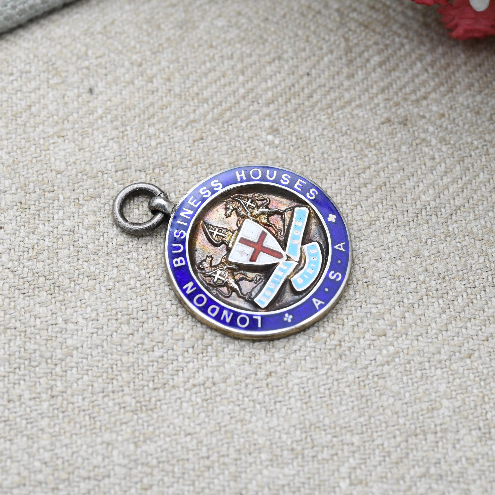 Vintage Sterling Silver Enamel Watch Fob Pendant with Shield Crest 1933 by Toye & Co - London Business Houses Cricket Winners
