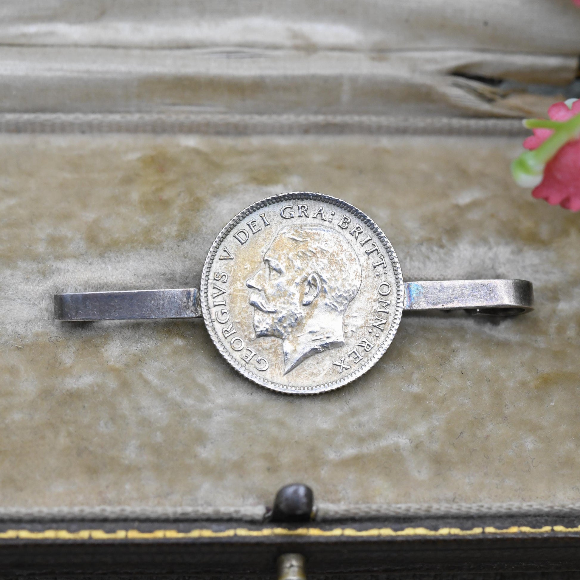 Antique Silver George V 1924 Six Pence Coin Bar Brooch - Collectable Silver Coin Jewellery
