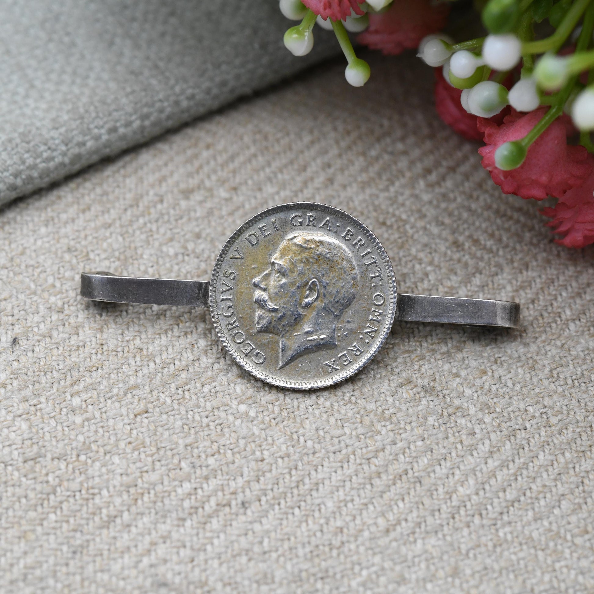 Antique Silver George V 1924 Six Pence Coin Bar Brooch - Collectable Silver Coin Jewellery