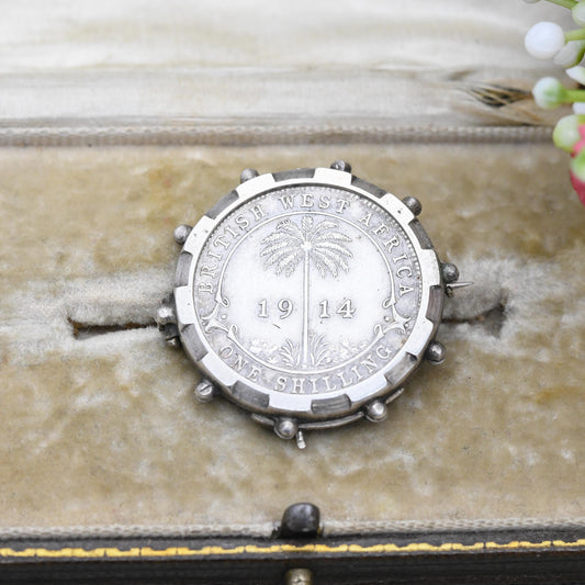 Antique Sterling Silver 1914 George IV British West Africa One Shilling Coin Brooch - Engraved Georgian Collectable Coin