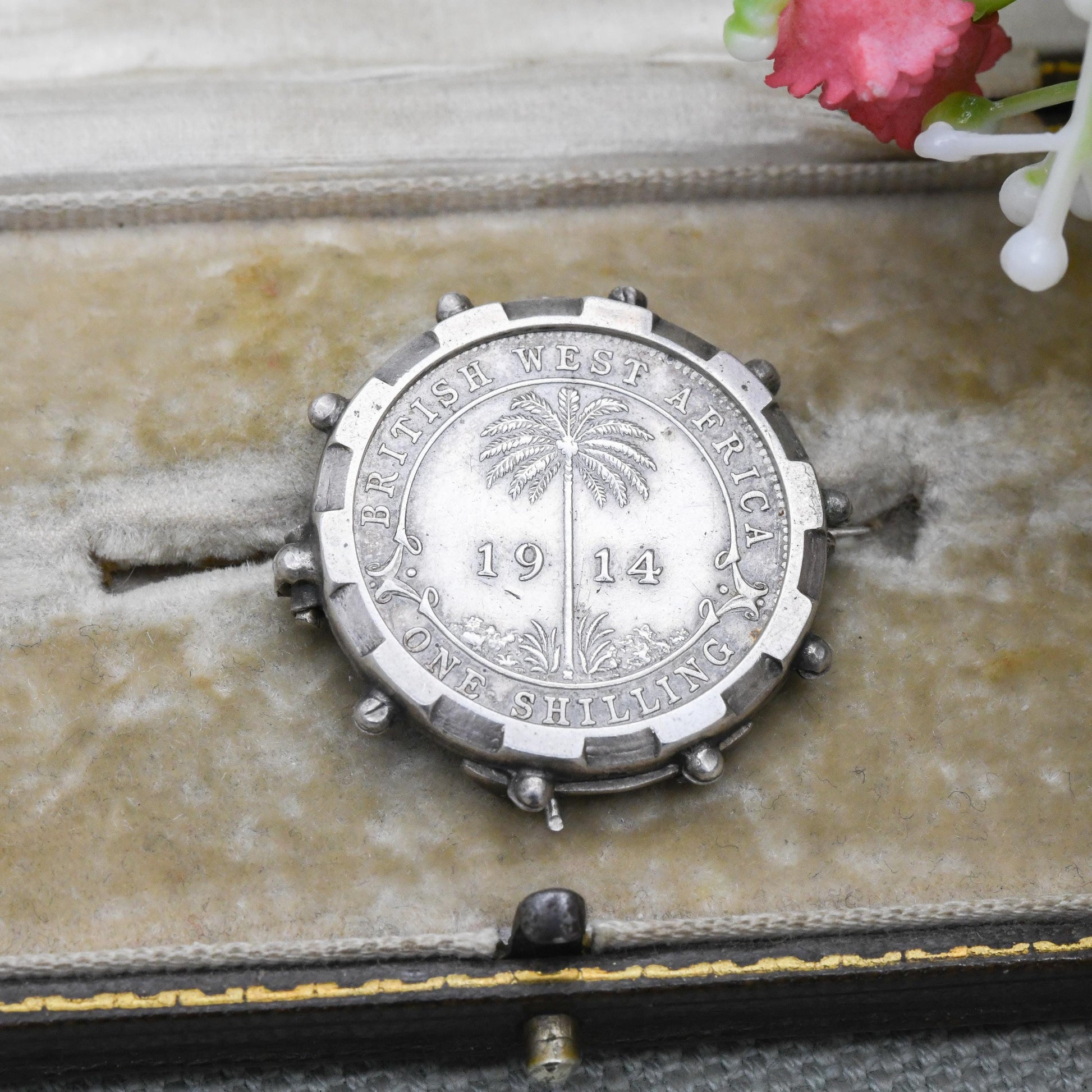 Antique Sterling Silver 1914 George IV British West Africa One Shilling Coin Brooch - Engraved Georgian Collectable Coin