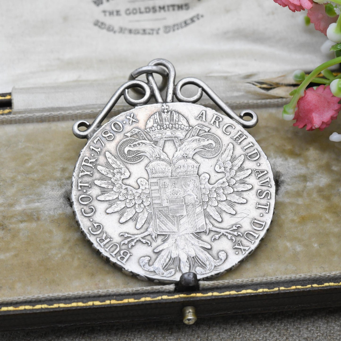 Antique Silver Maria Theresa Thaler Coin Pendant Dated 1780 - Large Collectable Austrian Coin