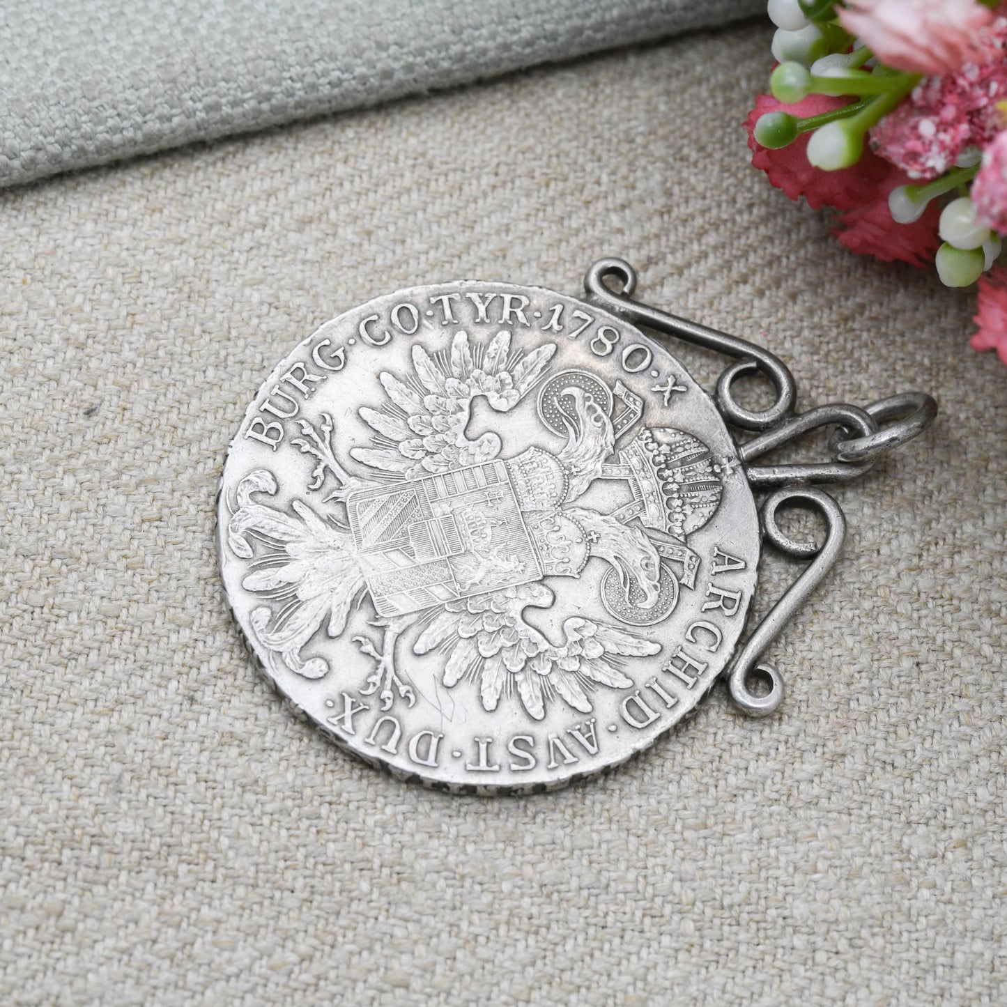 Antique Silver Maria Theresa Thaler Coin Pendant Dated 1780 - Large Collectable Austrian Coin