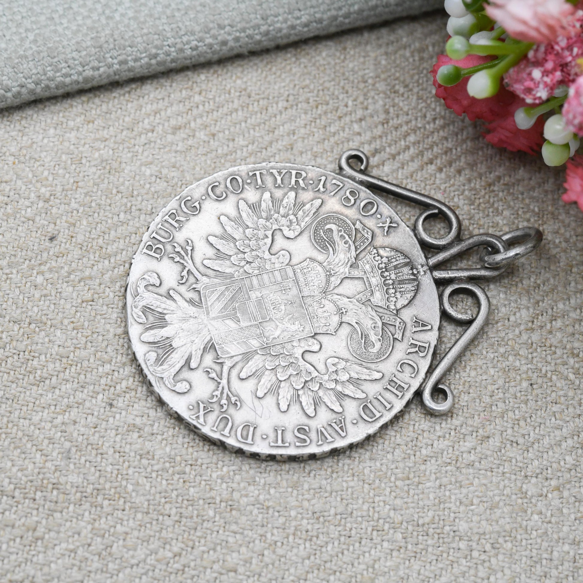 Antique Silver Maria Theresa Thaler Coin Pendant Dated 1780 - Large Collectable Austrian Coin