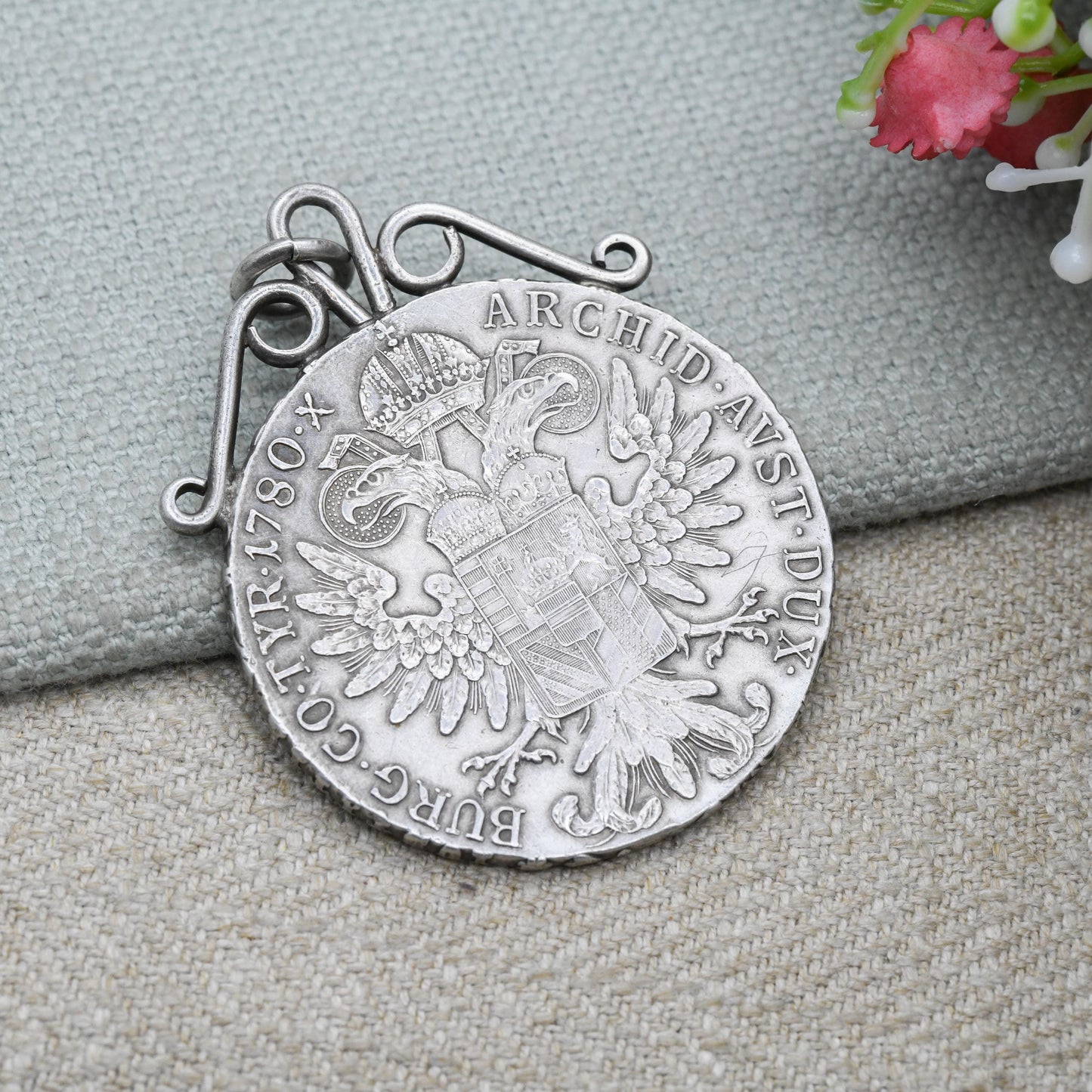 Antique Silver Maria Theresa Thaler Coin Pendant Dated 1780 - Large Collectable Austrian Coin