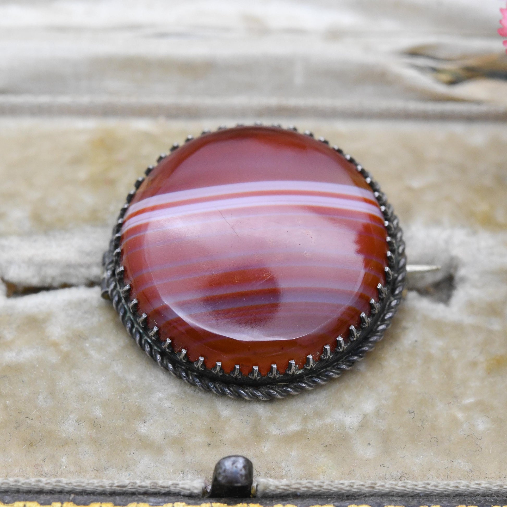 Antique Silver Red Banded Agate Cabochon Brooch c. 1900s