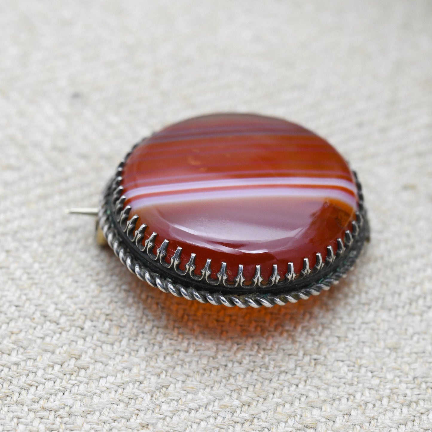 Antique Silver Red Banded Agate Cabochon Brooch c. 1900s