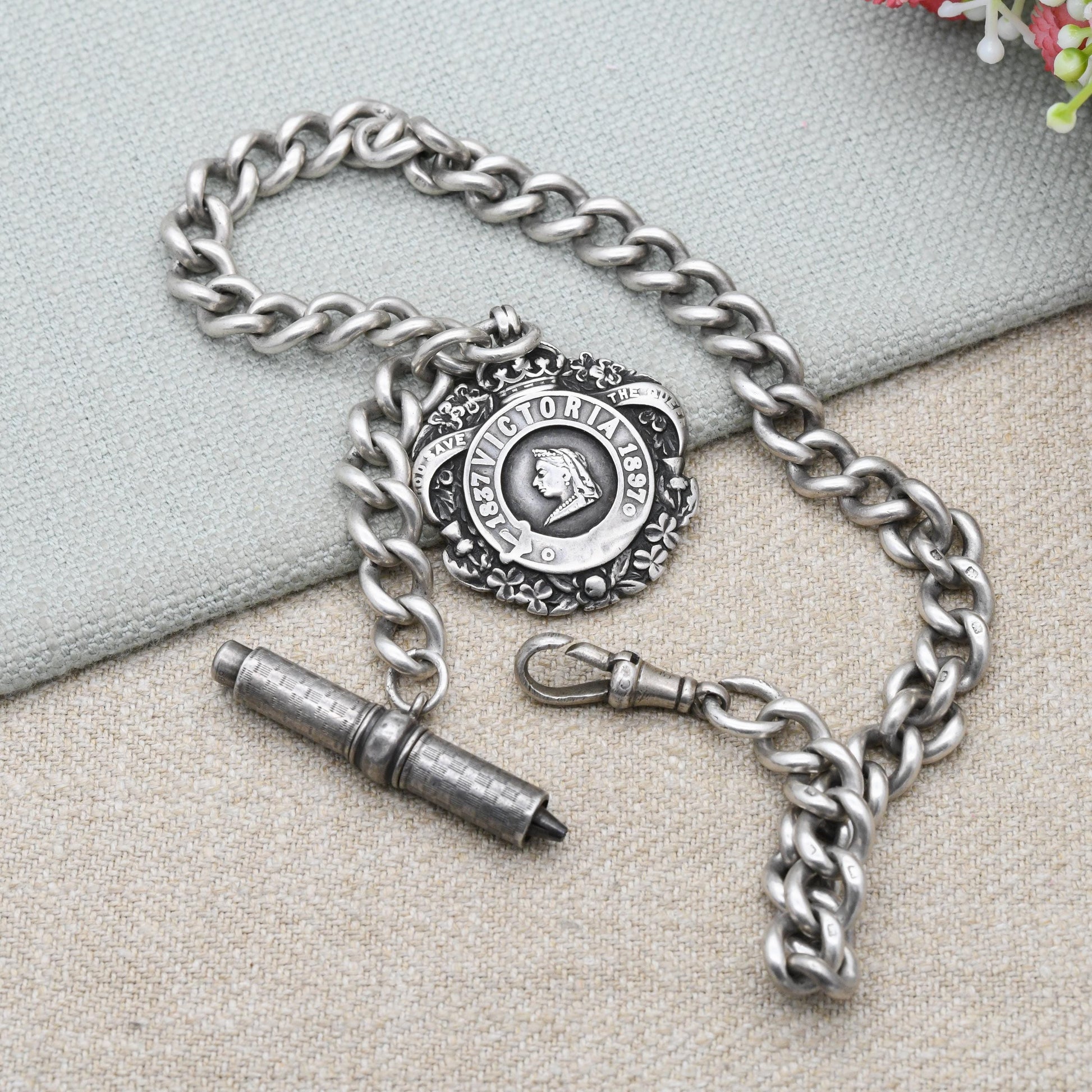 Antique Sterling Silver Albert Chain with Queen Victoria Diamond Jubilee Fob Medal 1897 Propelling Pencil Dog Clip
