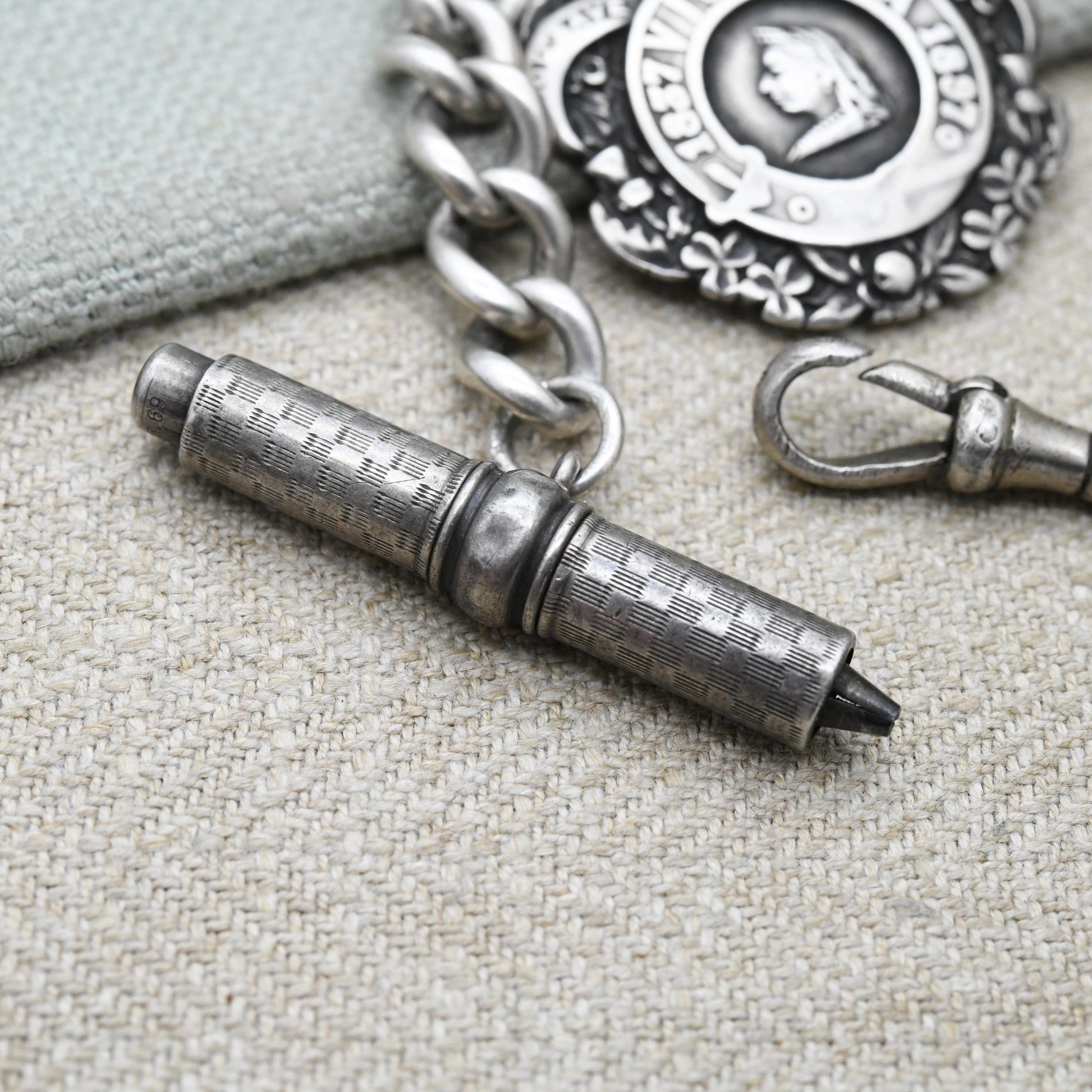 Antique Sterling Silver Albert Chain with Queen Victoria Diamond Jubilee Fob Medal 1897 Propelling Pencil Dog Clip