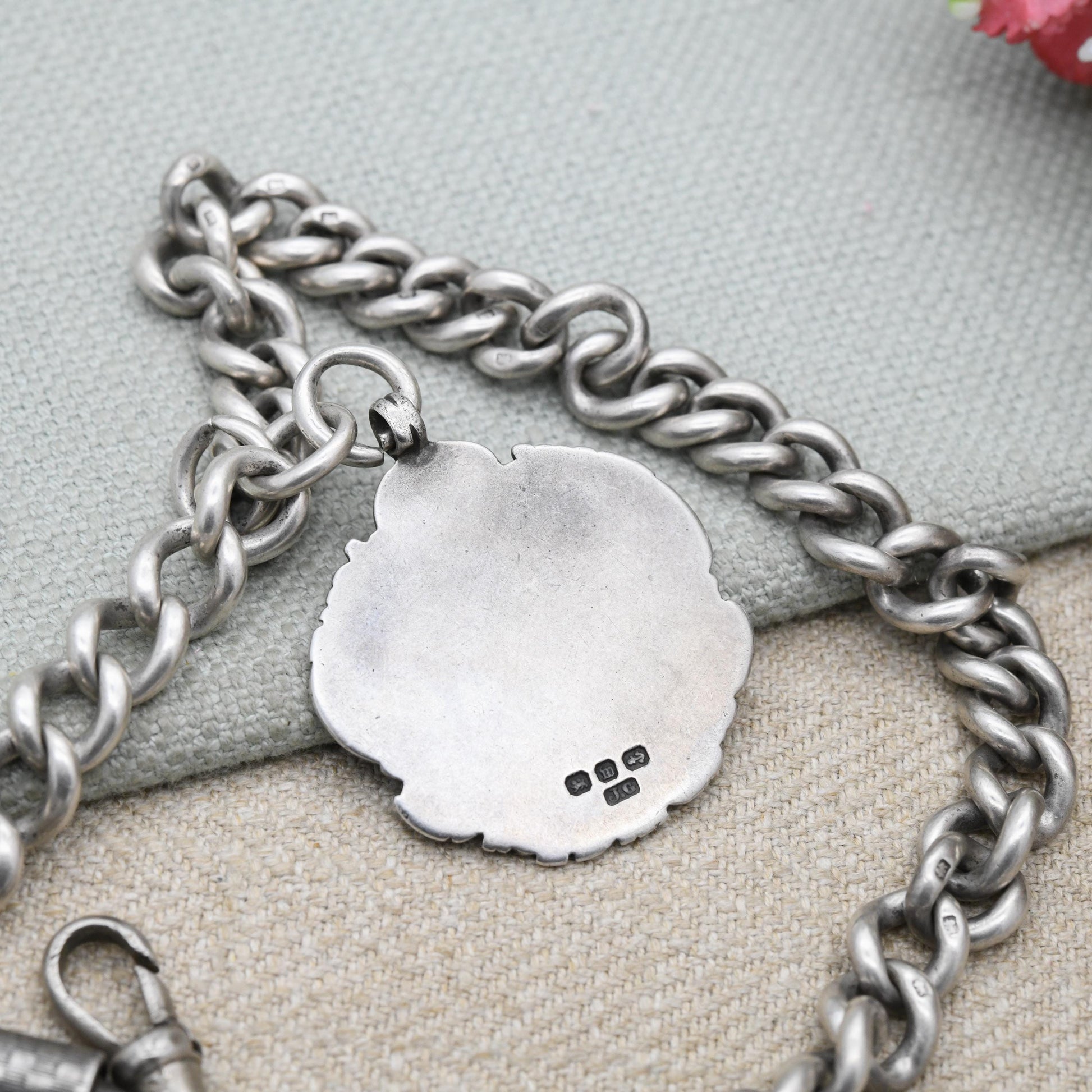 Antique Sterling Silver Albert Chain with Queen Victoria Diamond Jubilee Fob Medal 1897 Propelling Pencil Dog Clip