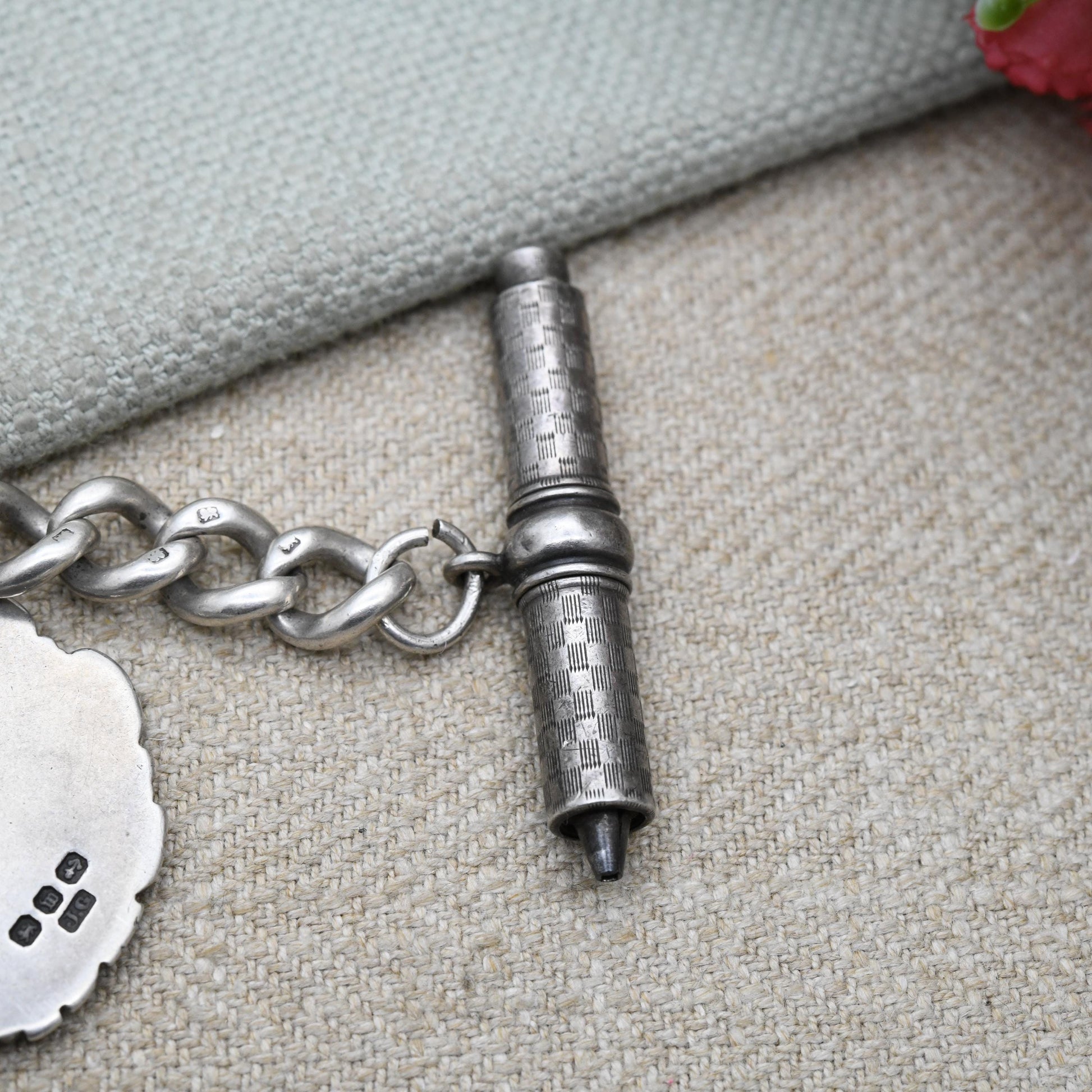 Antique Sterling Silver Albert Chain with Queen Victoria Diamond Jubilee Fob Medal 1897 Propelling Pencil Dog Clip