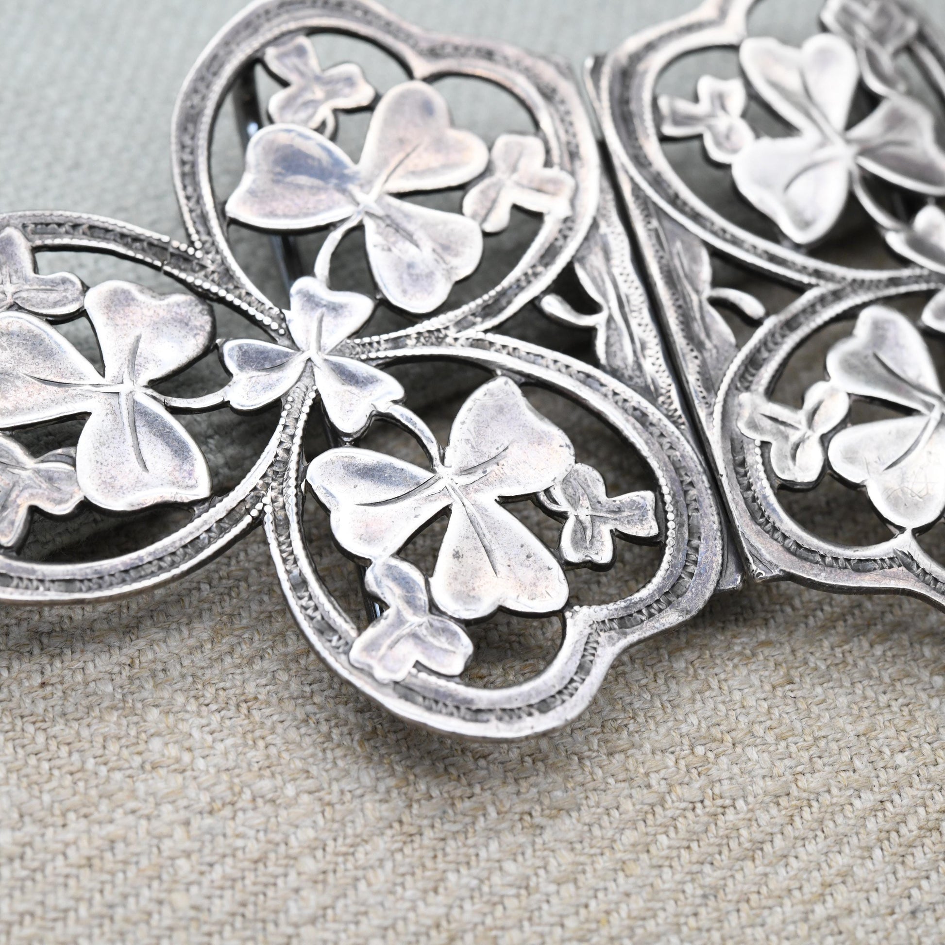 Antique Silver Nurse Belt Buckle with Irish Shamrock Design by Able & Charnell Hallmarked 1902 Edwardian