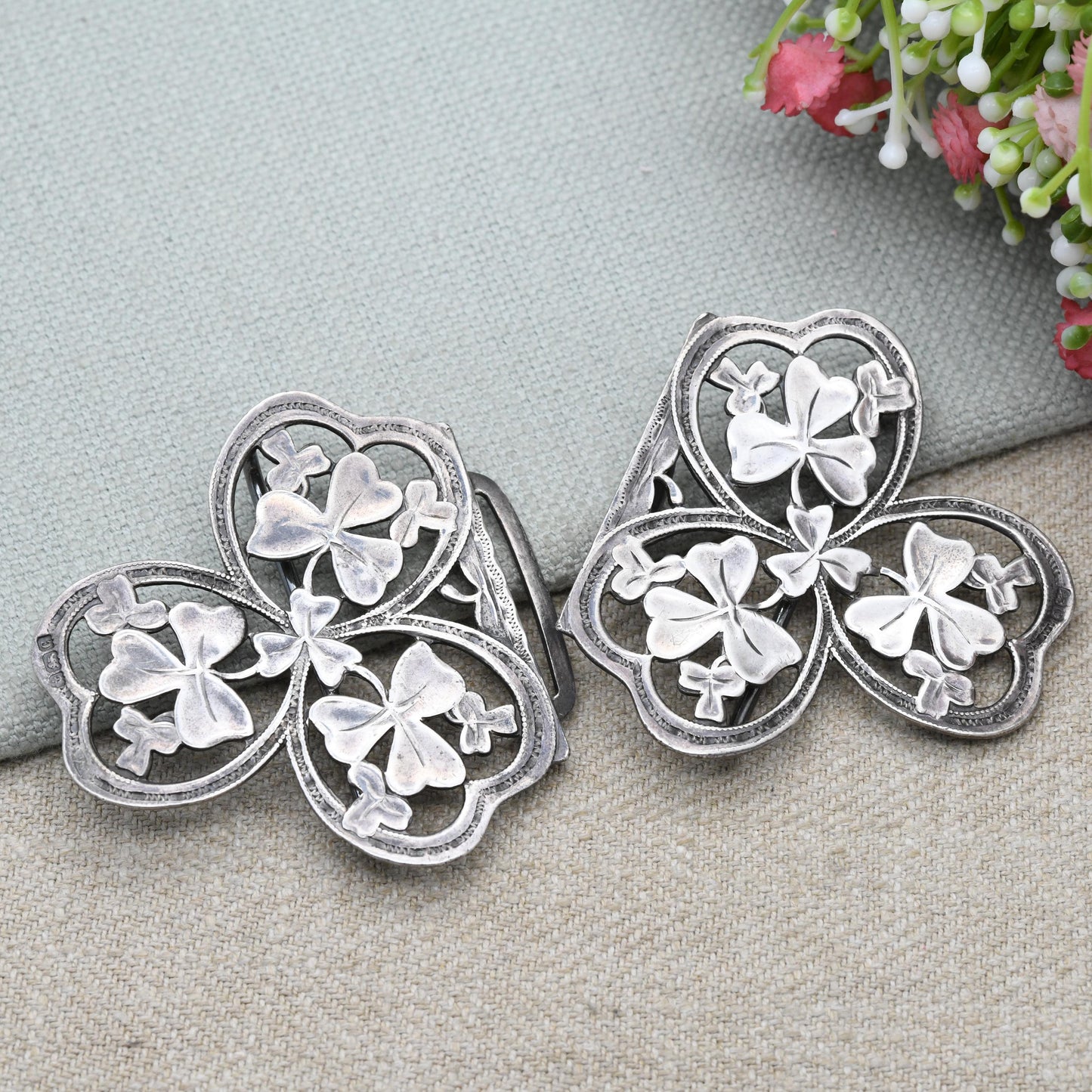 Antique Silver Nurse Belt Buckle with Irish Shamrock Design by Able & Charnell Hallmarked 1902 Edwardian
