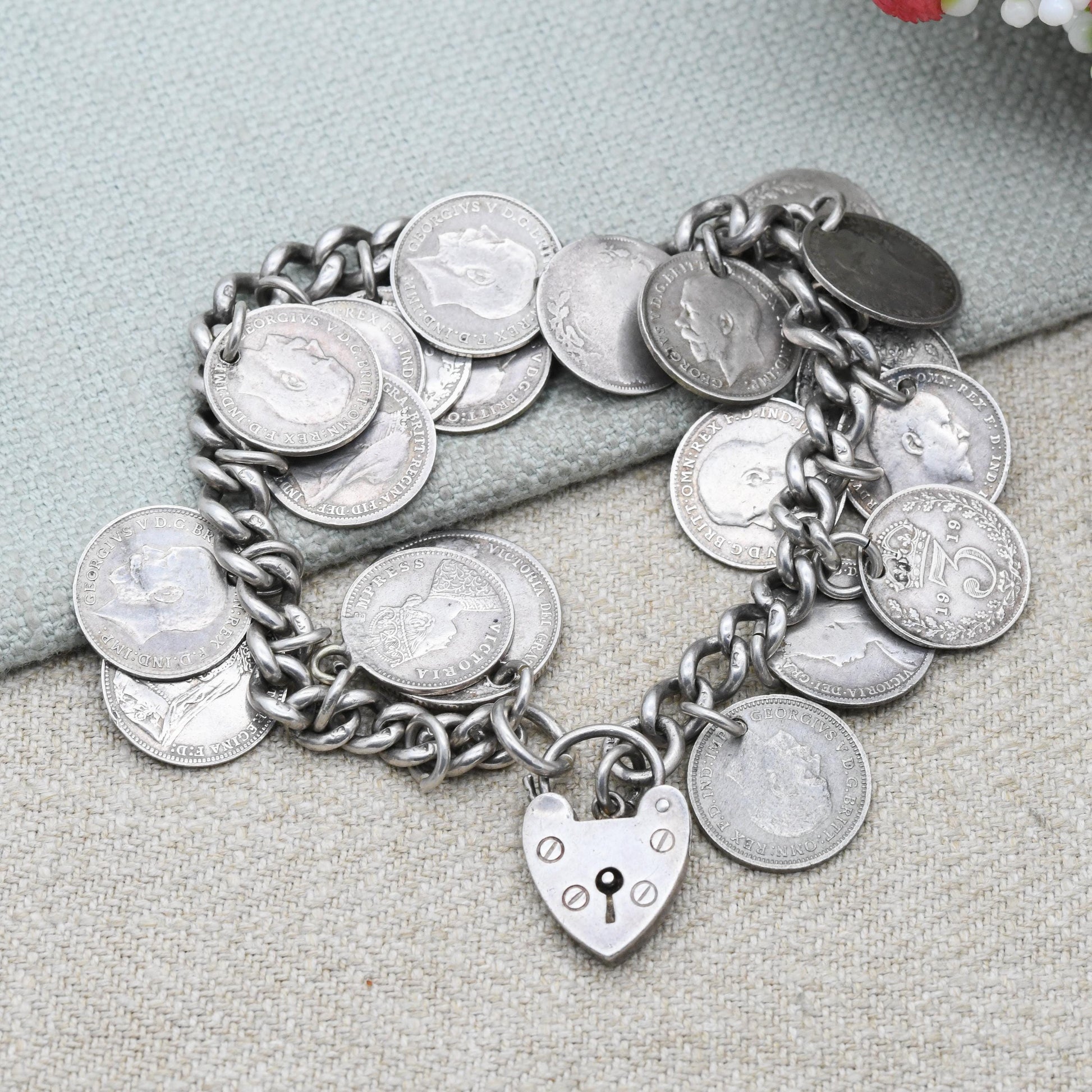 Antique Silver Coin Charm Bracelet c. 1900 - Victoria 1887 George V 1916 | Chunky Curb Link with Heart Padlock Clasp