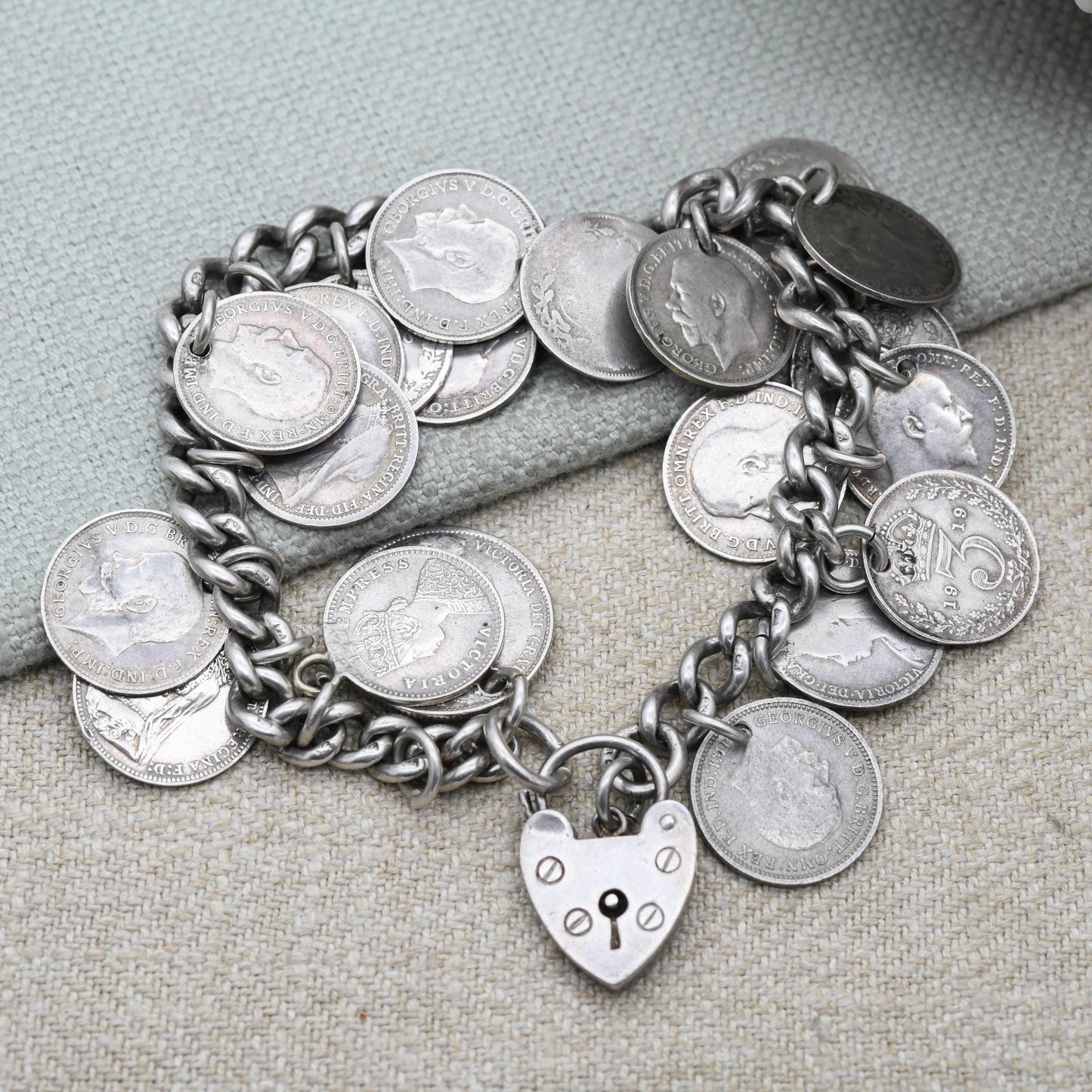 Antique Silver Coin Charm Bracelet c. 1900 - Victoria 1887 George V 1916 | Chunky Curb Link with Heart Padlock Clasp